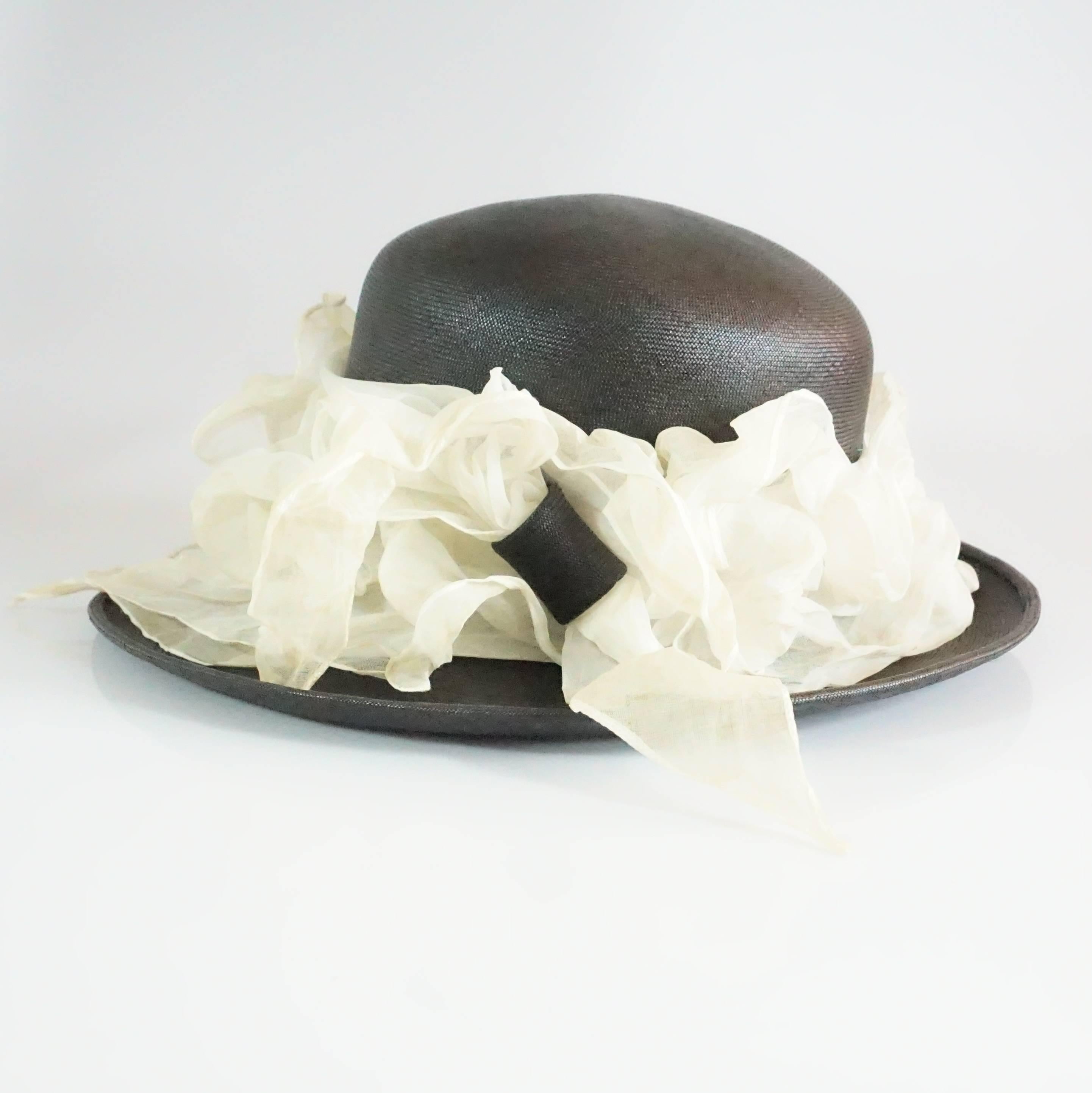 Suzanne Couture Millinery Black French Straw Hat w/ Ivory Silk Ruched Ribbon 1