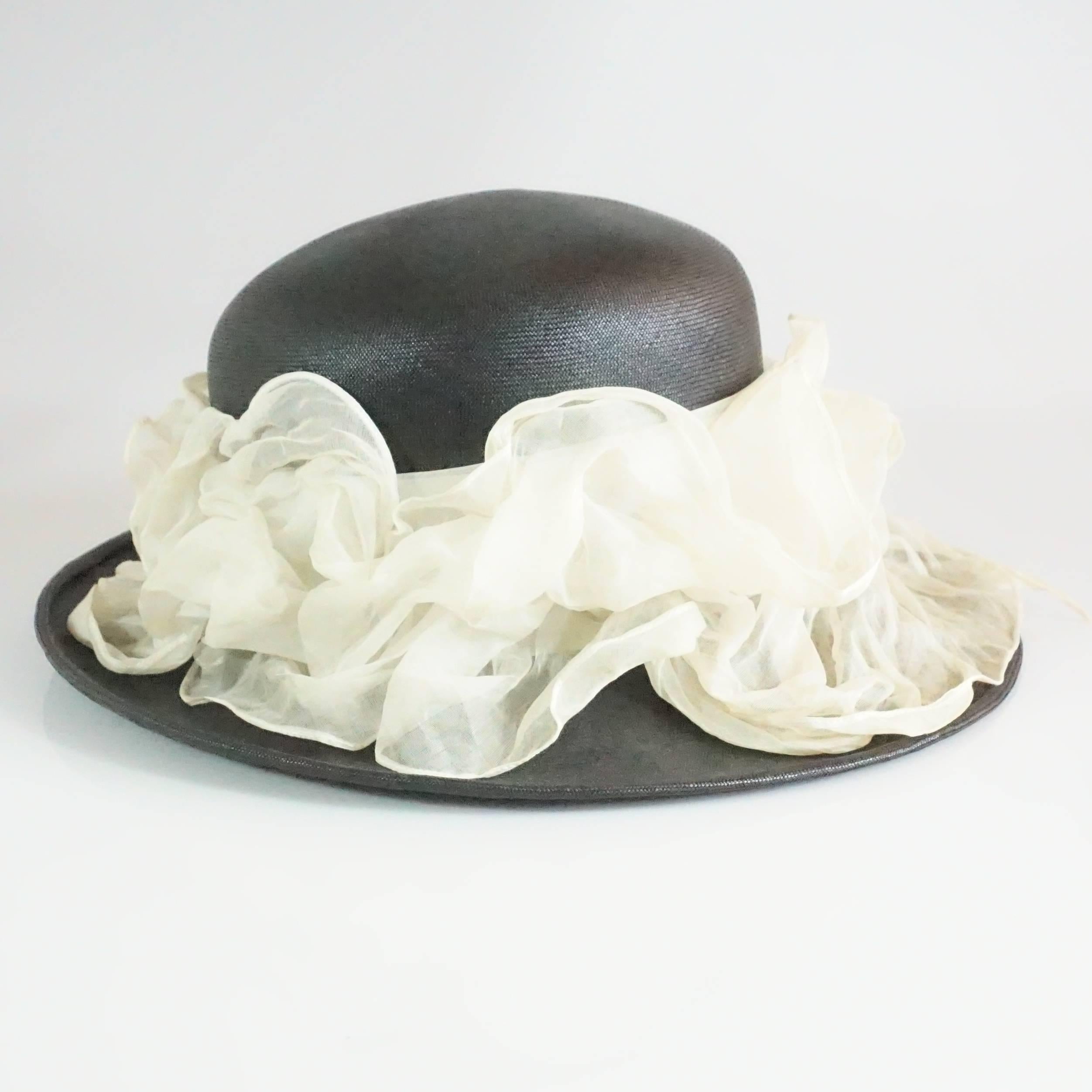 Suzanne Couture Millinery Black French Straw Hat w/ Ivory Silk Ruched Ribbon 2