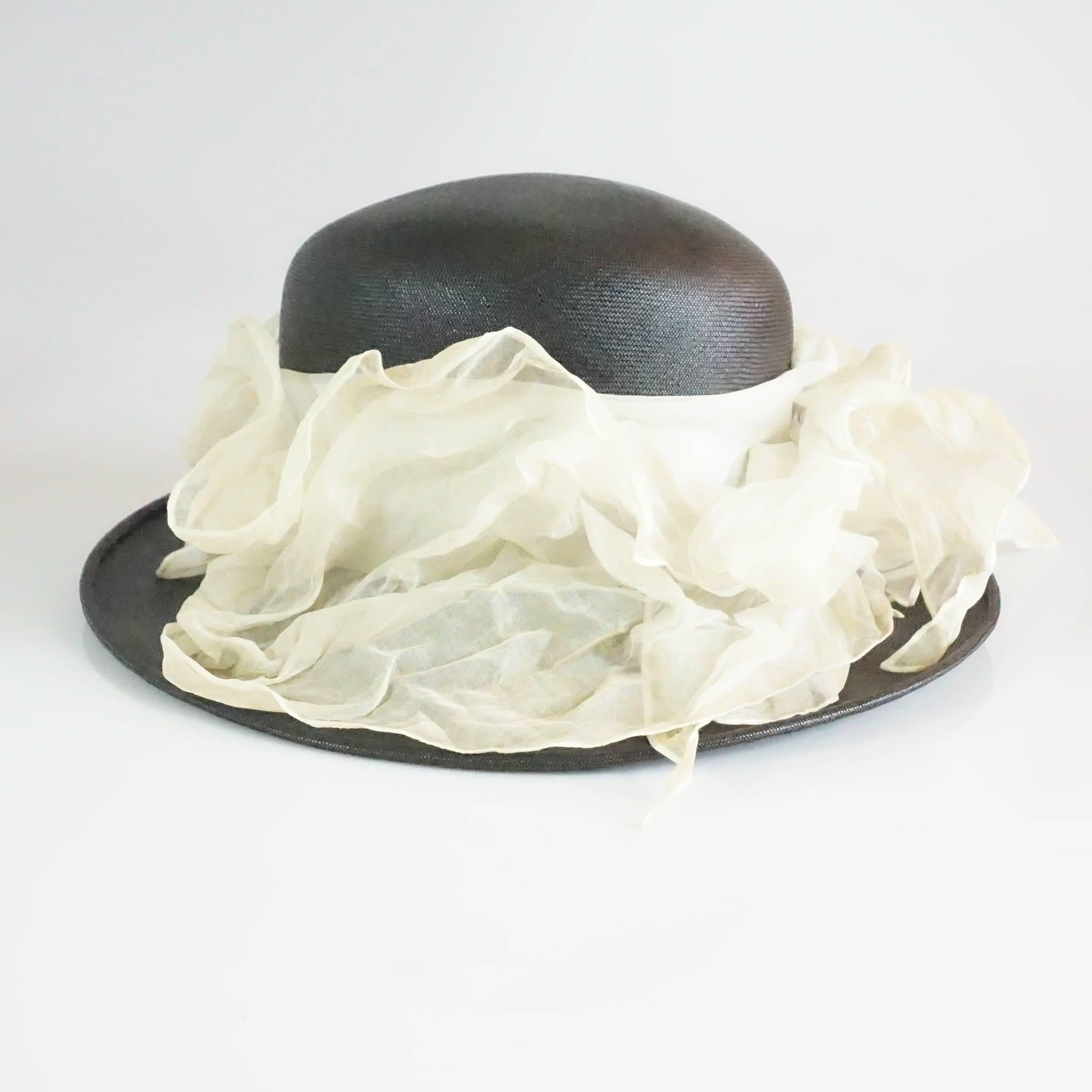 Suzanne Couture Millinery Black French Straw Hat w/ Ivory Silk Ruched Ribbon 3