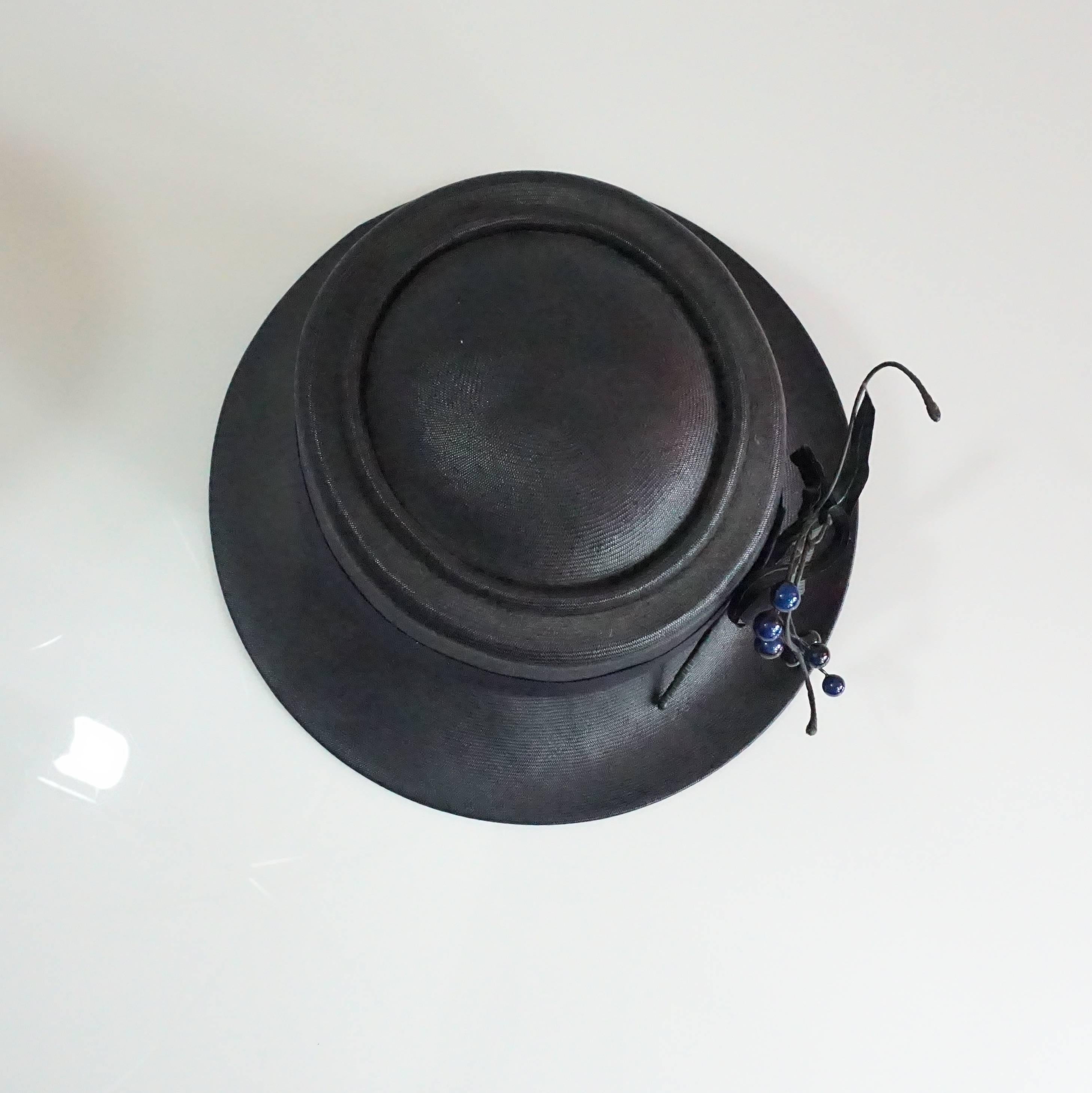 Suzanne Couture Millinery Black & Navy French Straw Hat w/ Ribbon & Bead detail In Excellent Condition In West Palm Beach, FL