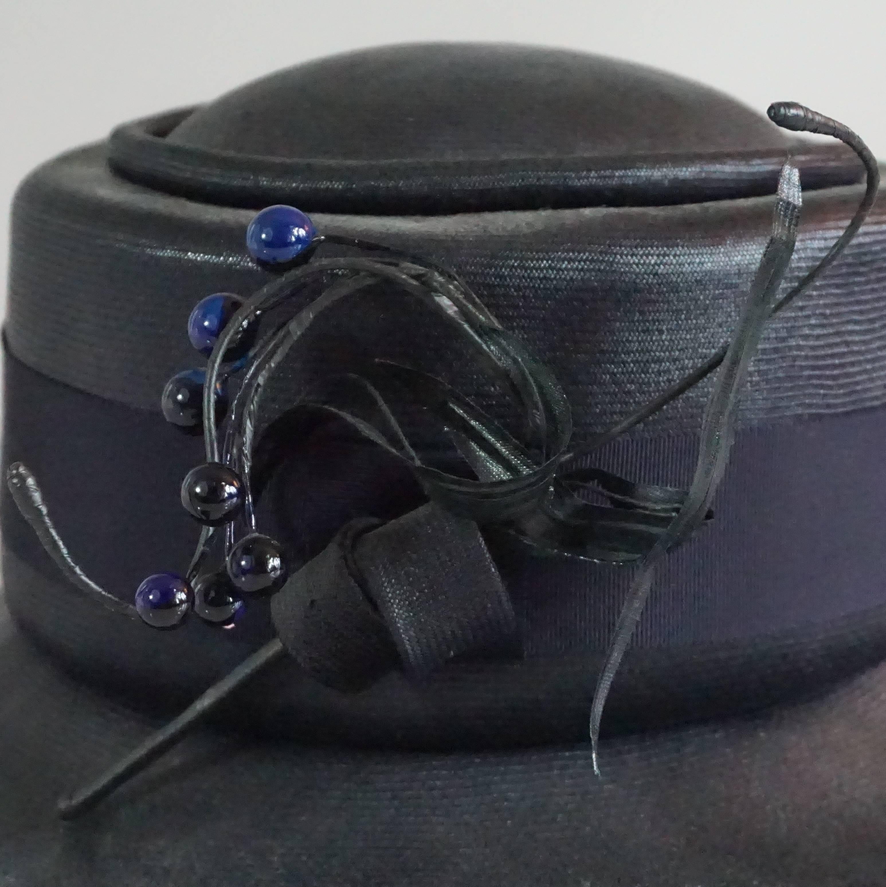 Suzanne Couture Millinery Black & Navy French Straw Hat w/ Ribbon & Bead detail 2