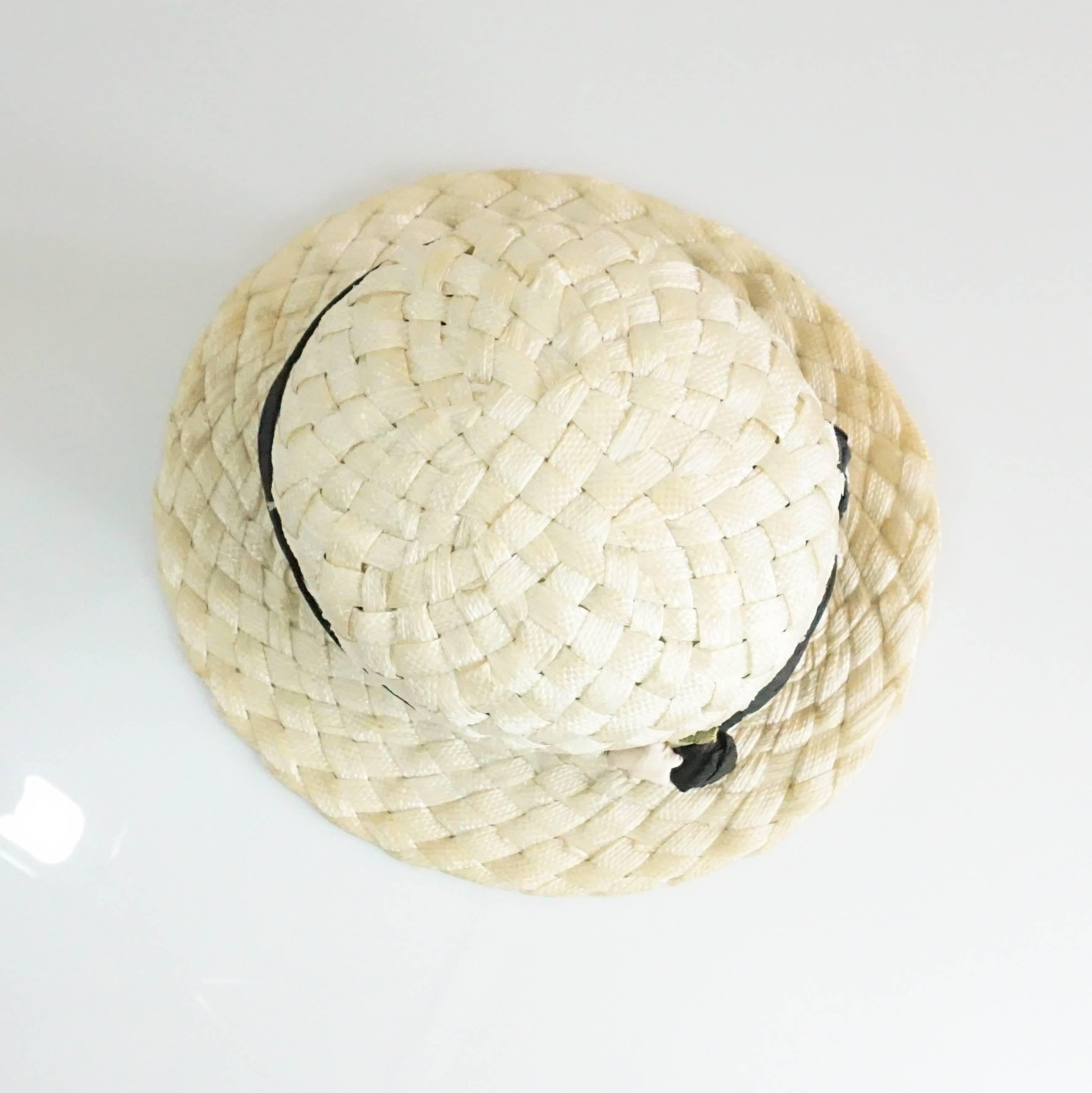 White Suzanne Couture Cream Swiss Braided Straw Woven Hat w/ Black Silk frabric