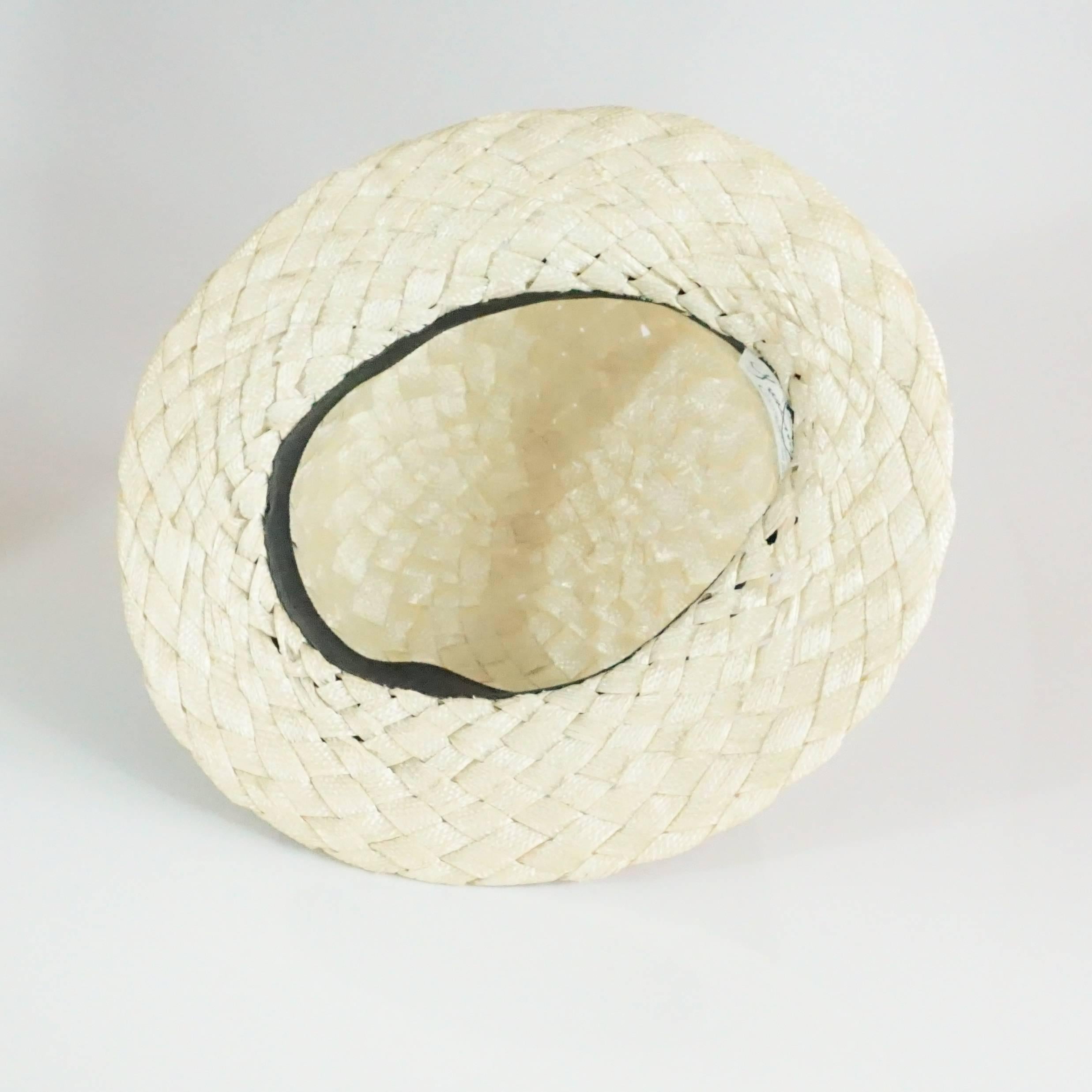 Suzanne Couture Cream Swiss Braided Straw Woven Hat w/ Black Silk frabric In Excellent Condition In West Palm Beach, FL