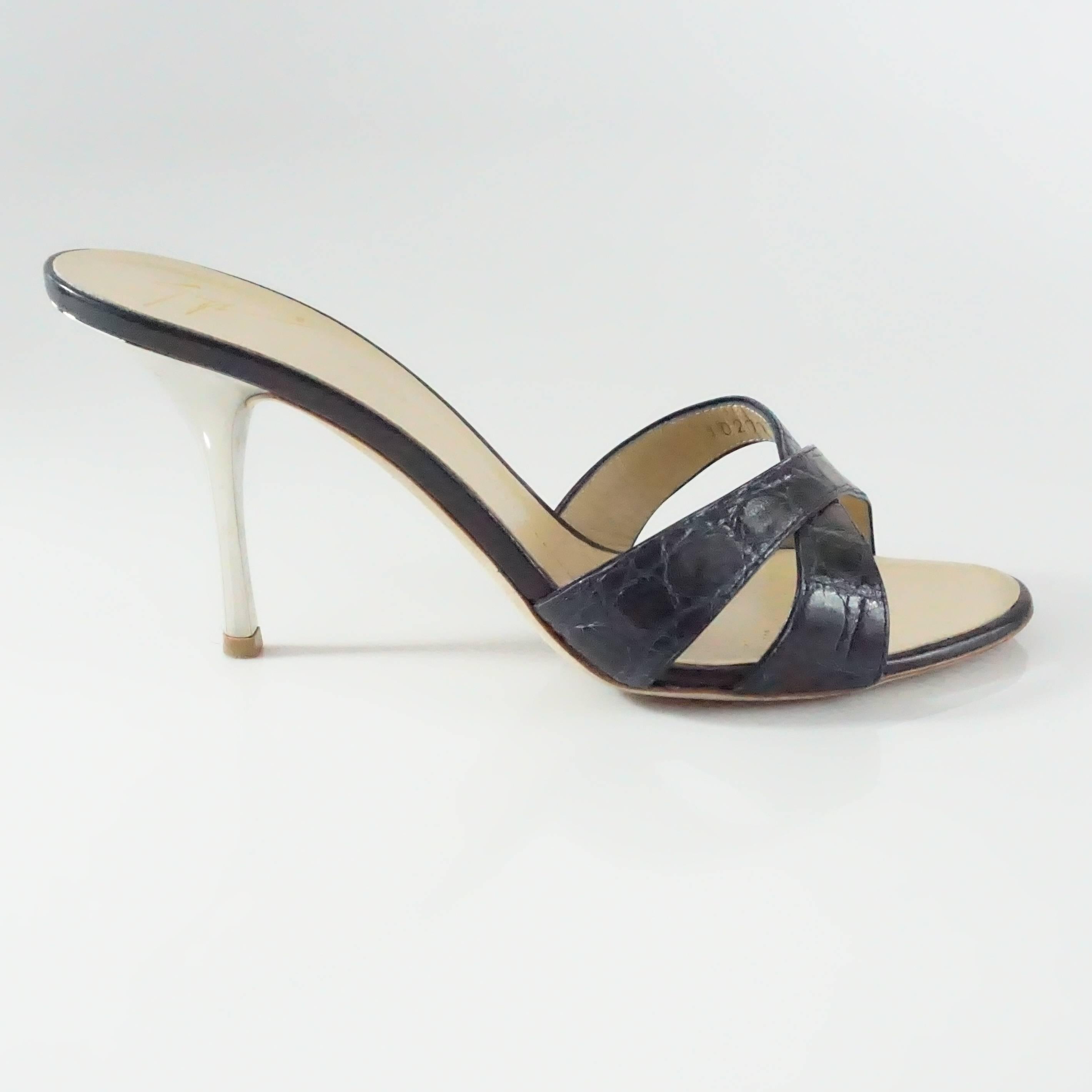 Giuseppe Zanotti Navy Alligator Crisscross Slide w/ Silver Mirrored Heel-39.5  This beautiful shoe is in excellent condition, with only wear to the sole of the shoe. Navy shoes are not easy to find, and this elegant and sexy version is a must