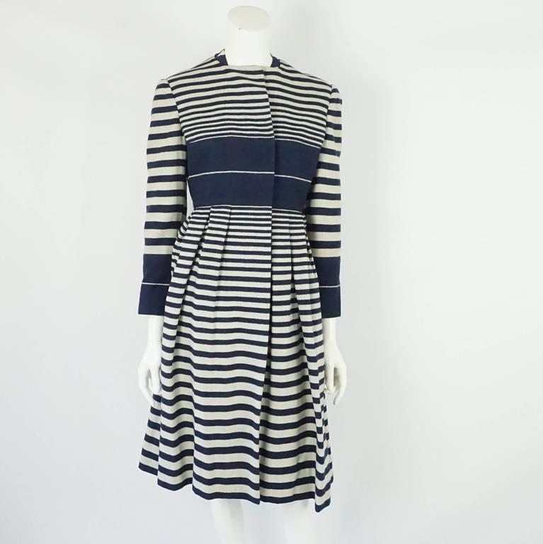 Pauline Trigere Navy and Ivory Striped Wool Dress/Coat and Belt - 8 ...