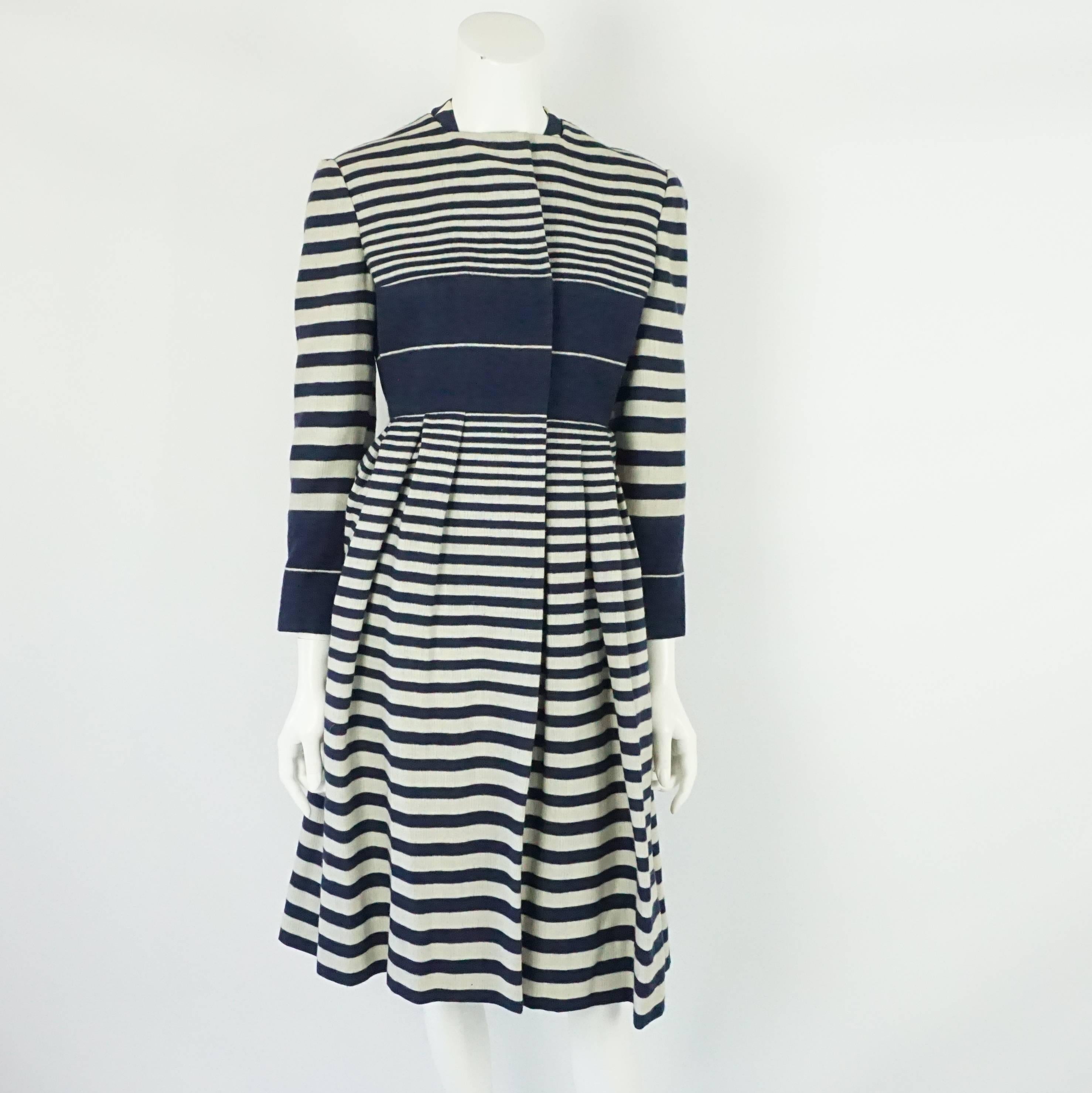 Black Pauline Trigere Navy and Ivory Striped Wool Dress/Coat & Belt - 8- Circa 60s For Sale
