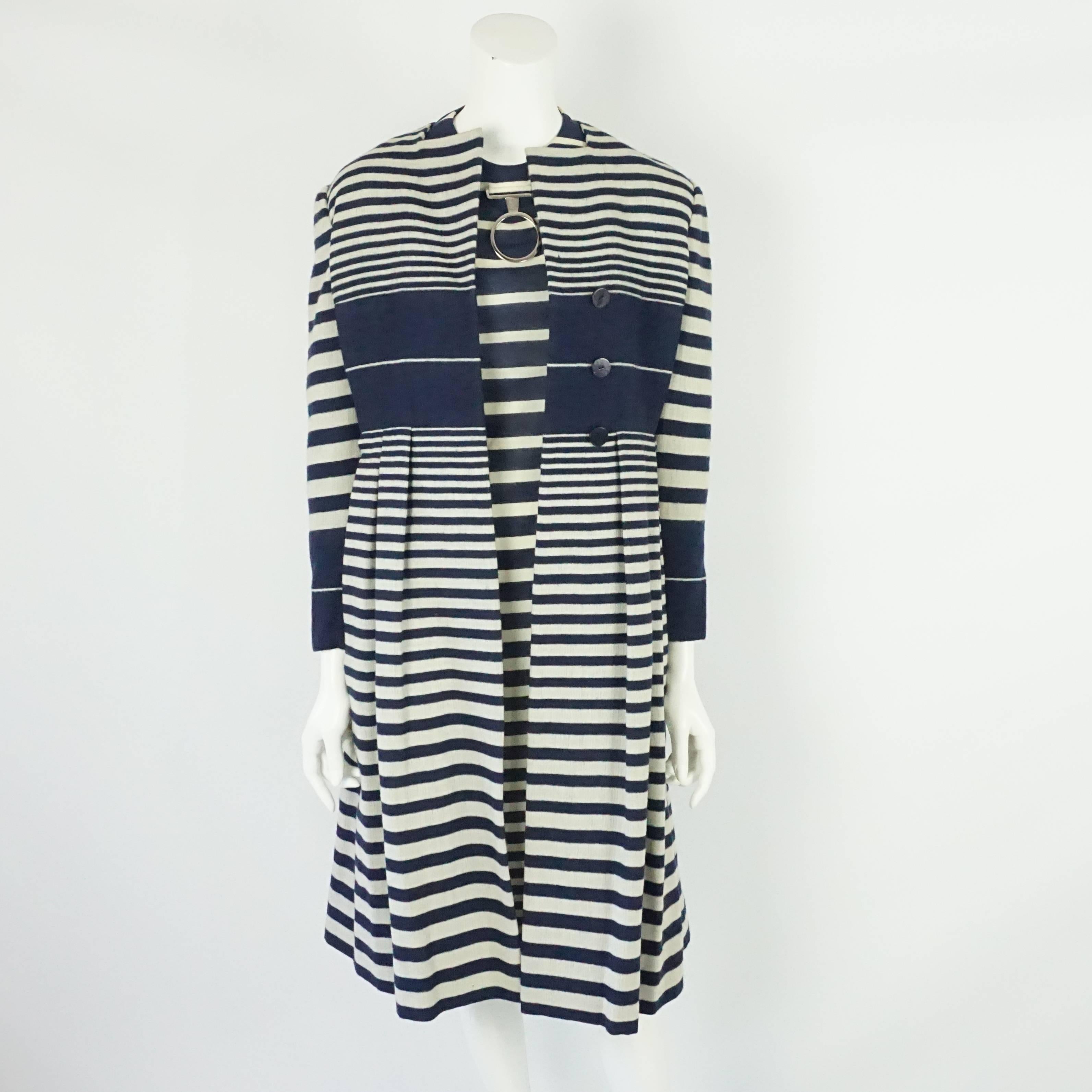 Pauline Trigere Navy and Ivory Striped Wool Dress/Coat & Belt - 8- Circa 60s In Excellent Condition For Sale In West Palm Beach, FL