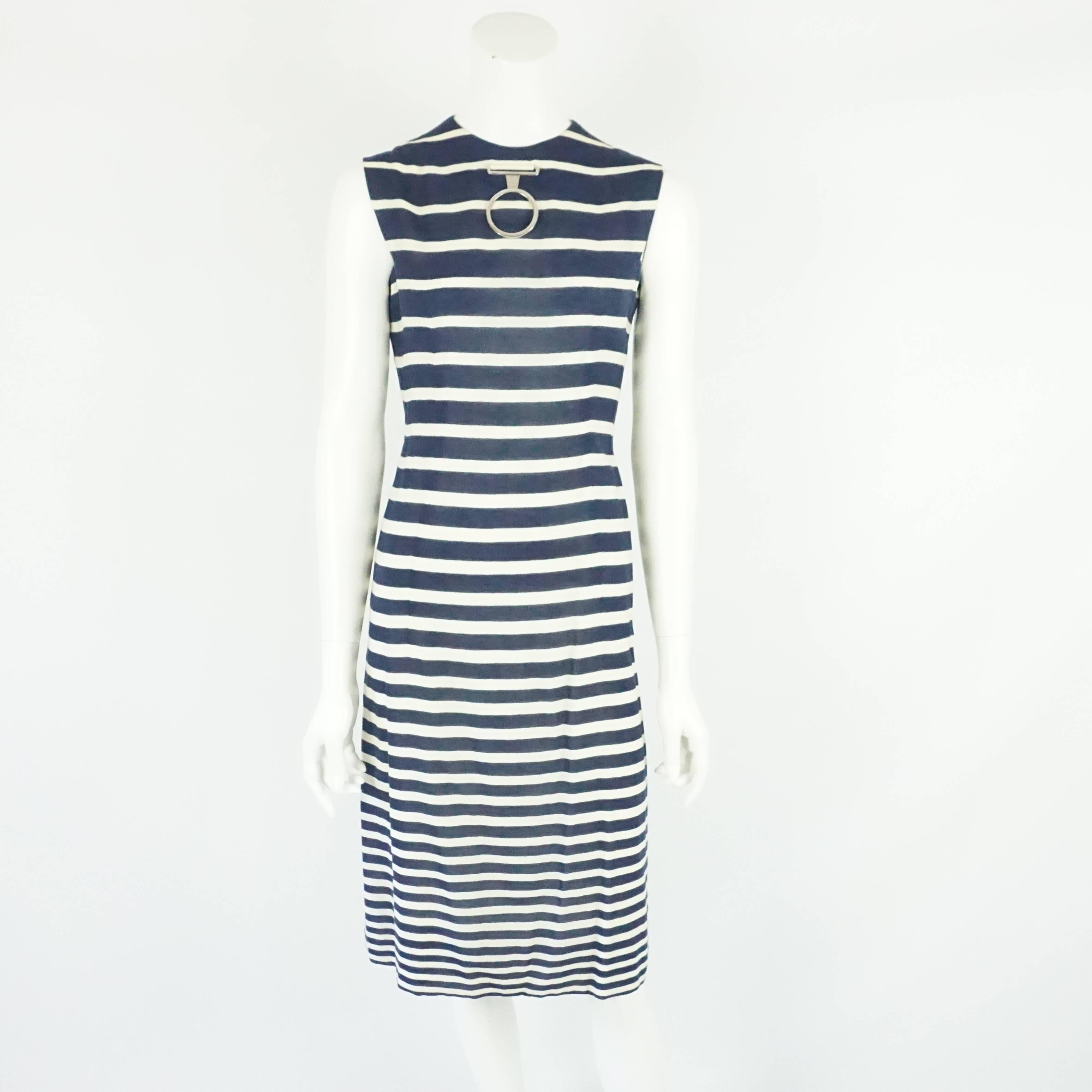 Women's Pauline Trigere Navy and Ivory Striped Wool Dress/Coat & Belt - 8- Circa 60s For Sale