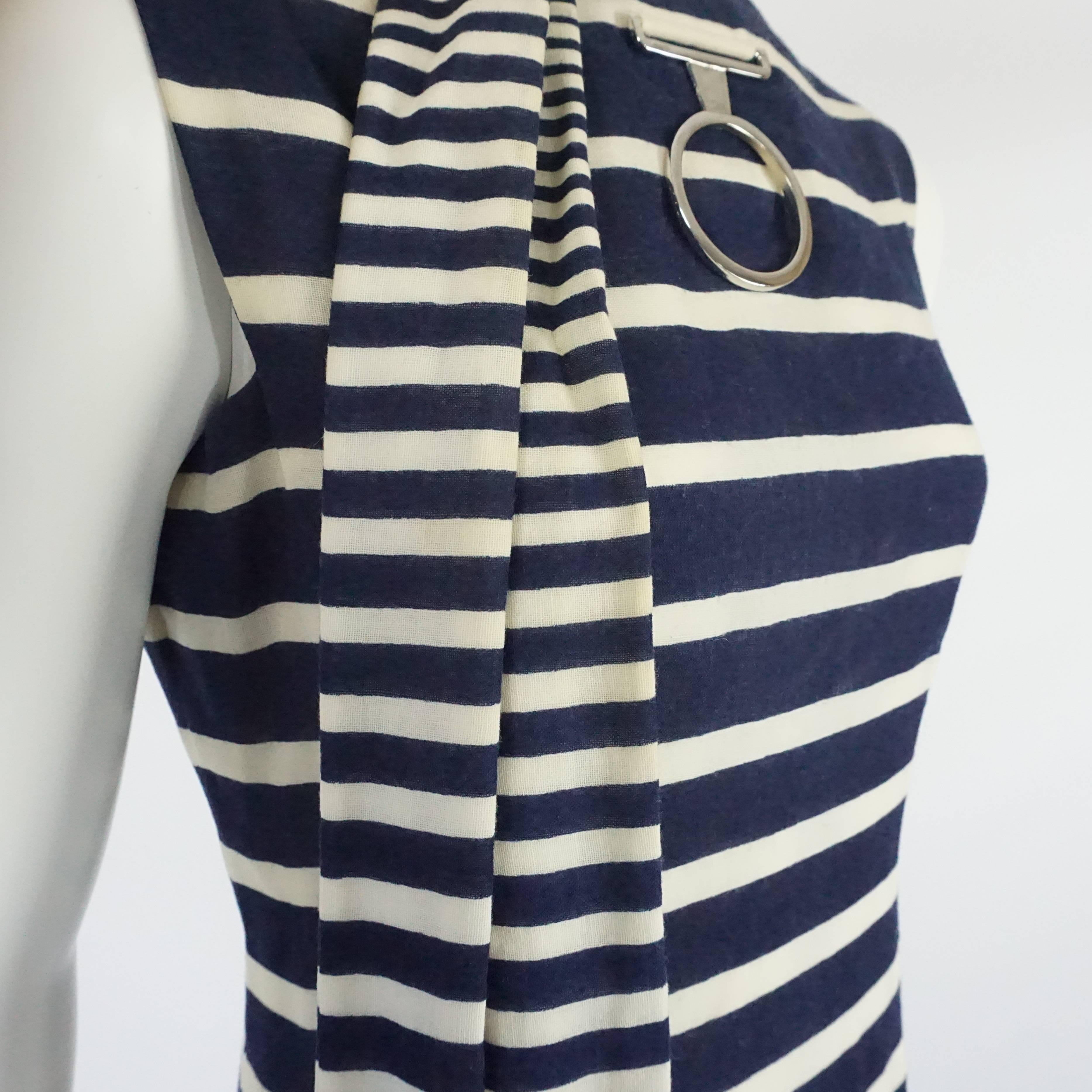 Pauline Trigere Navy and Ivory Striped Wool Dress/Coat & Belt - 8- Circa 60s For Sale 1