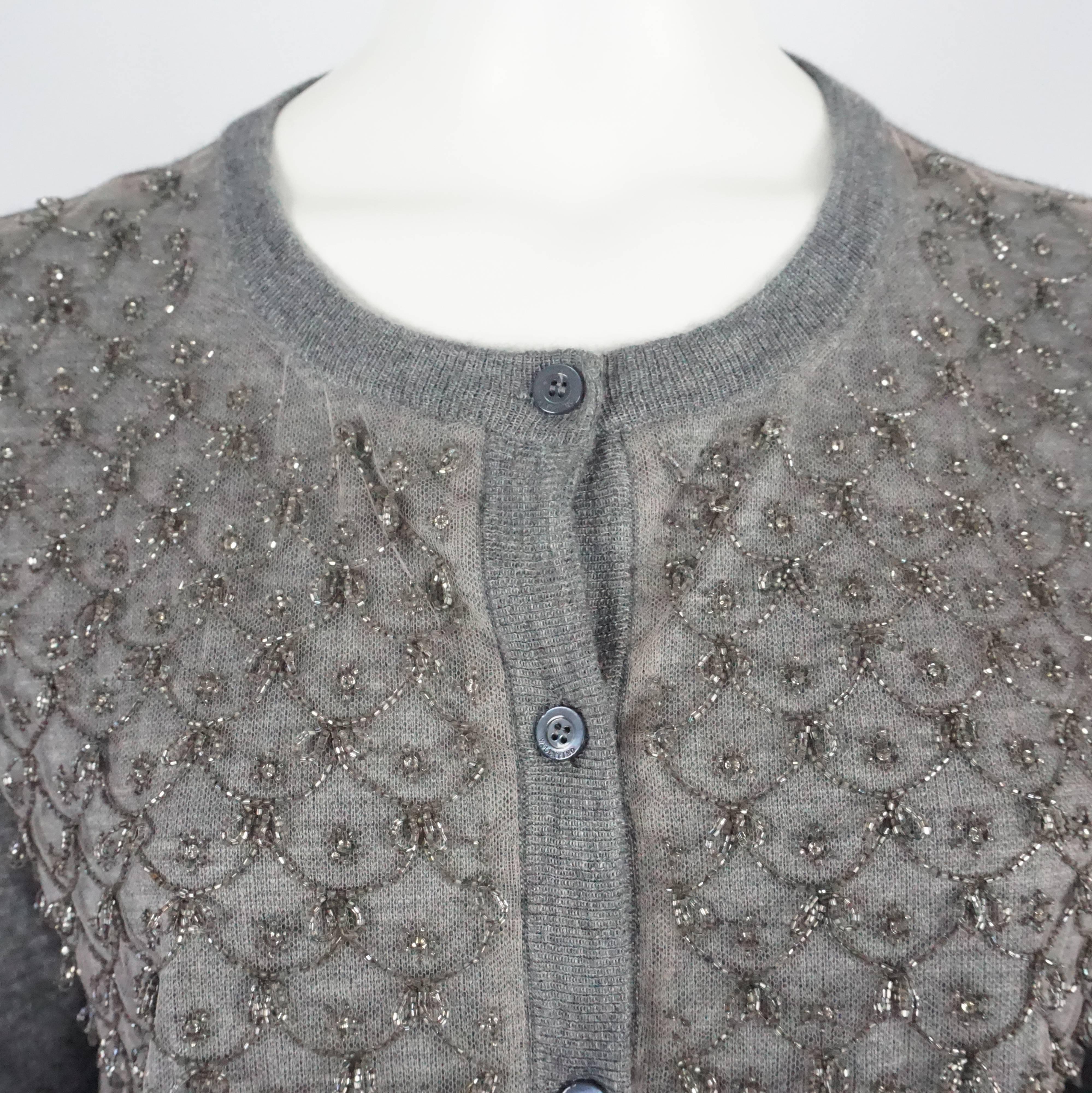 Women's Valentino Gray Cotton-Knit Cardigan with Beaded Design - M