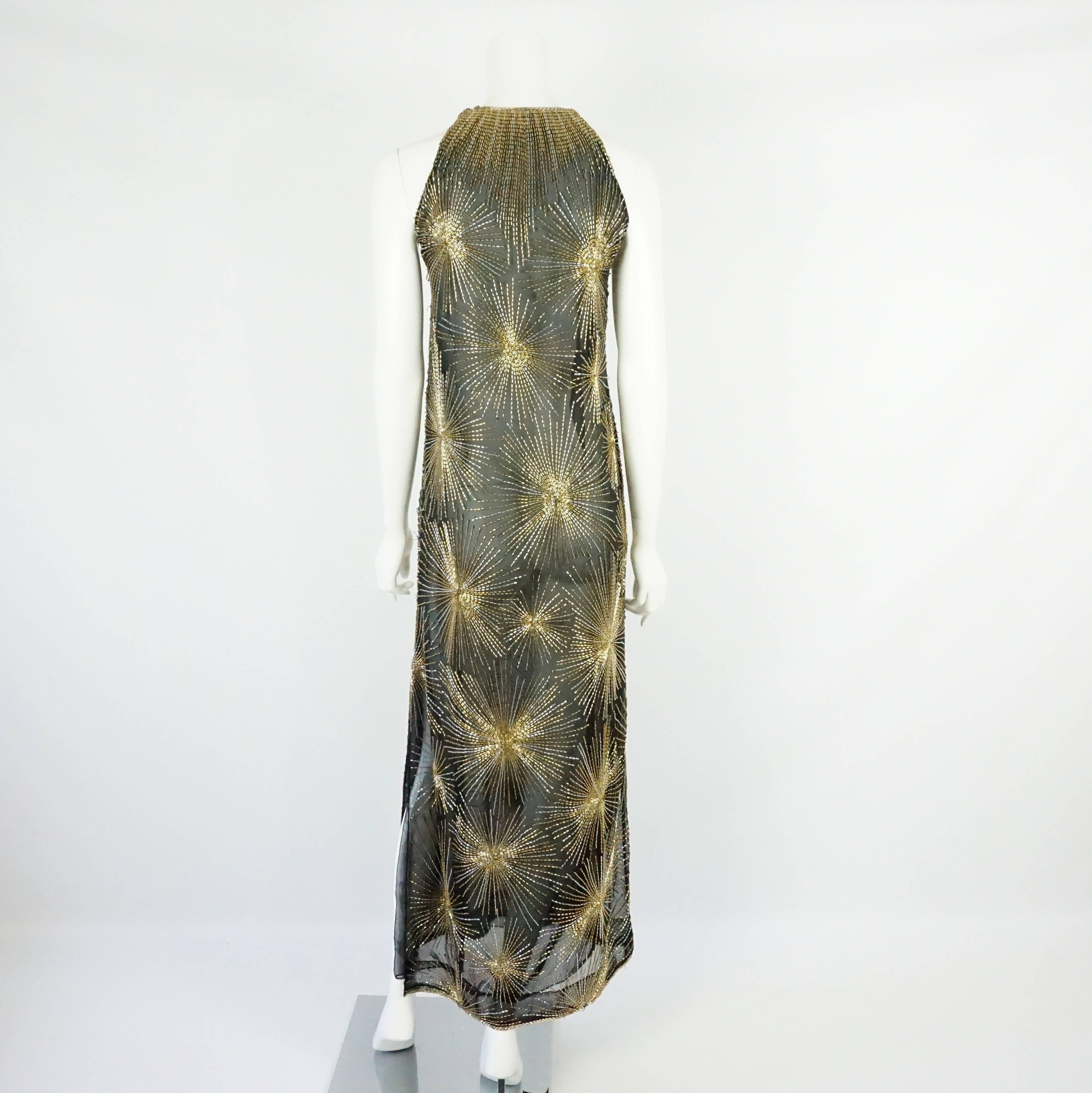 Halston Black, Gold, and Silver Silk Chiffon Beaded Gown - XS - Circa 70's In Good Condition In West Palm Beach, FL