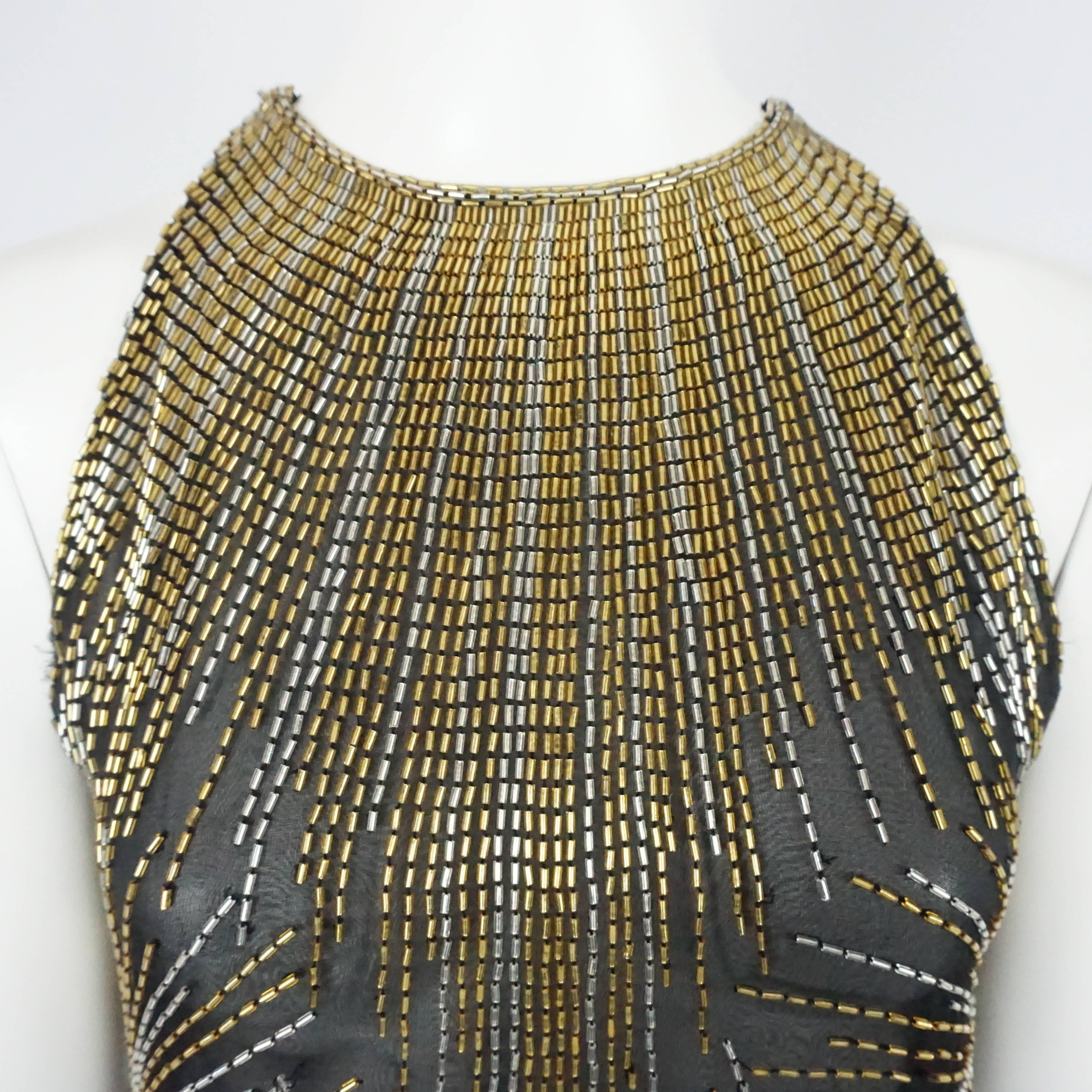 Women's Halston Black, Gold, and Silver Silk Chiffon Beaded Gown - XS - Circa 70's