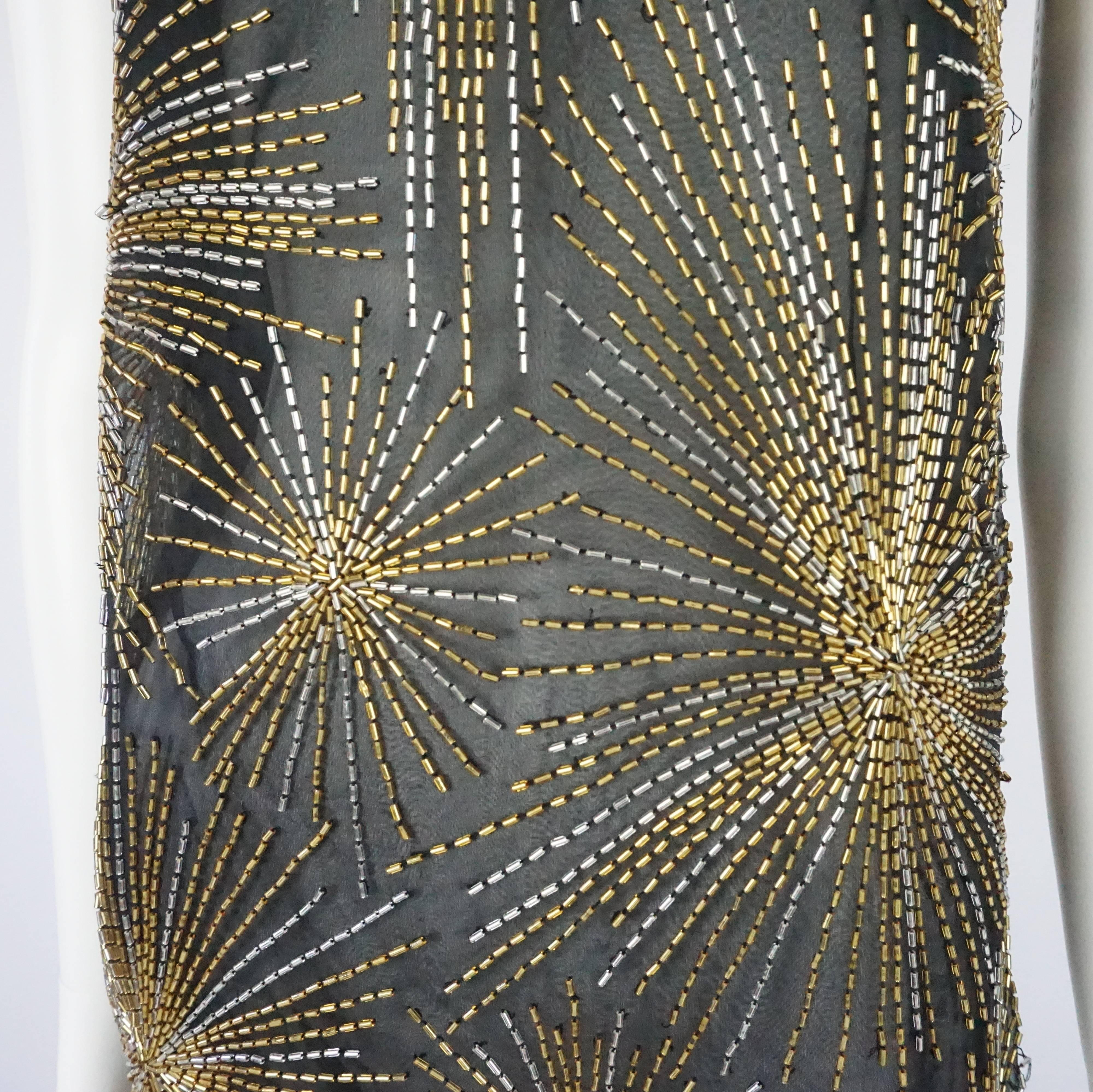 Halston Black, Gold, and Silver Silk Chiffon Beaded Gown - XS - Circa 70's 1