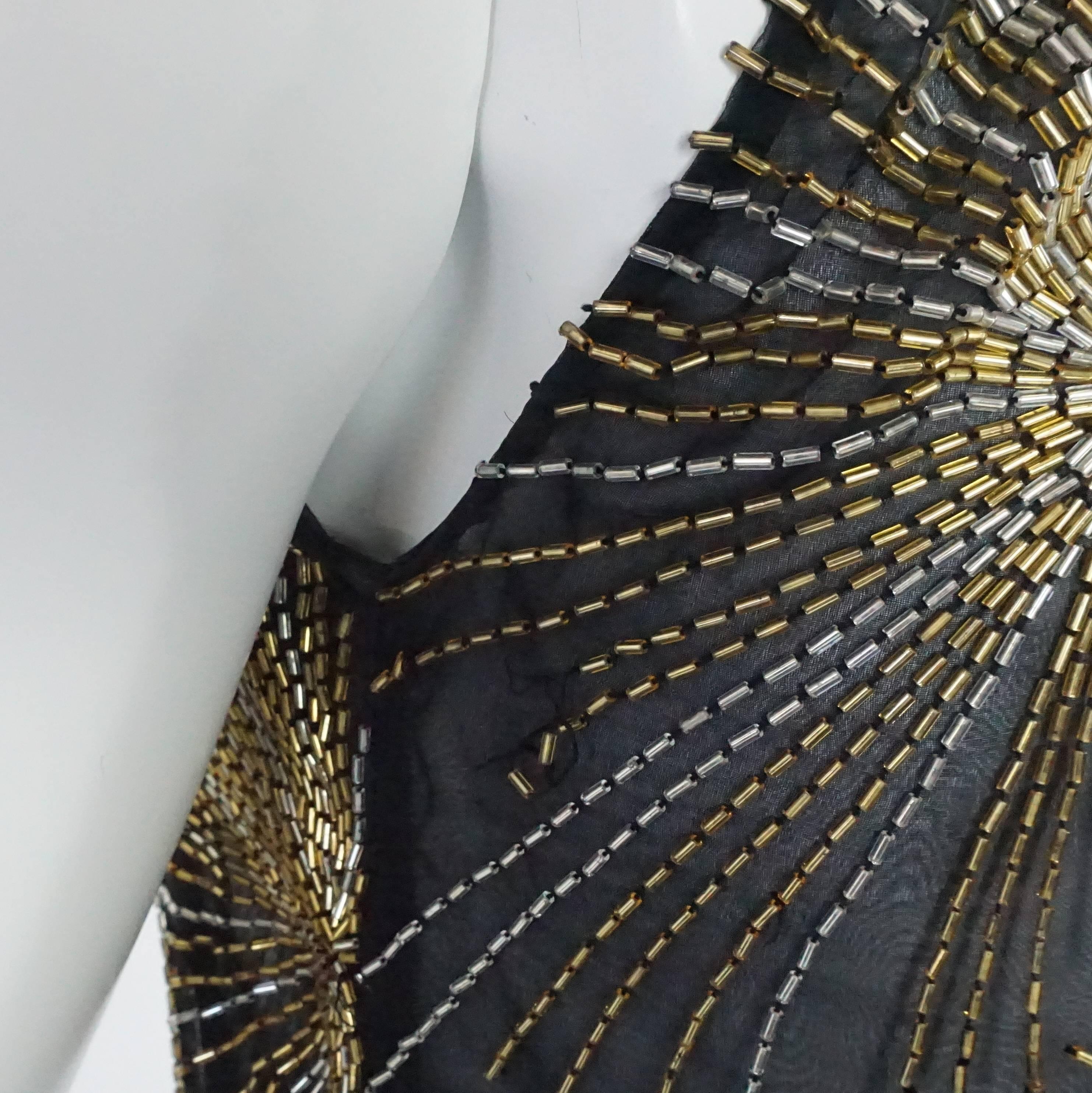 Halston Black, Gold, and Silver Silk Chiffon Beaded Gown - XS - Circa 70's 6