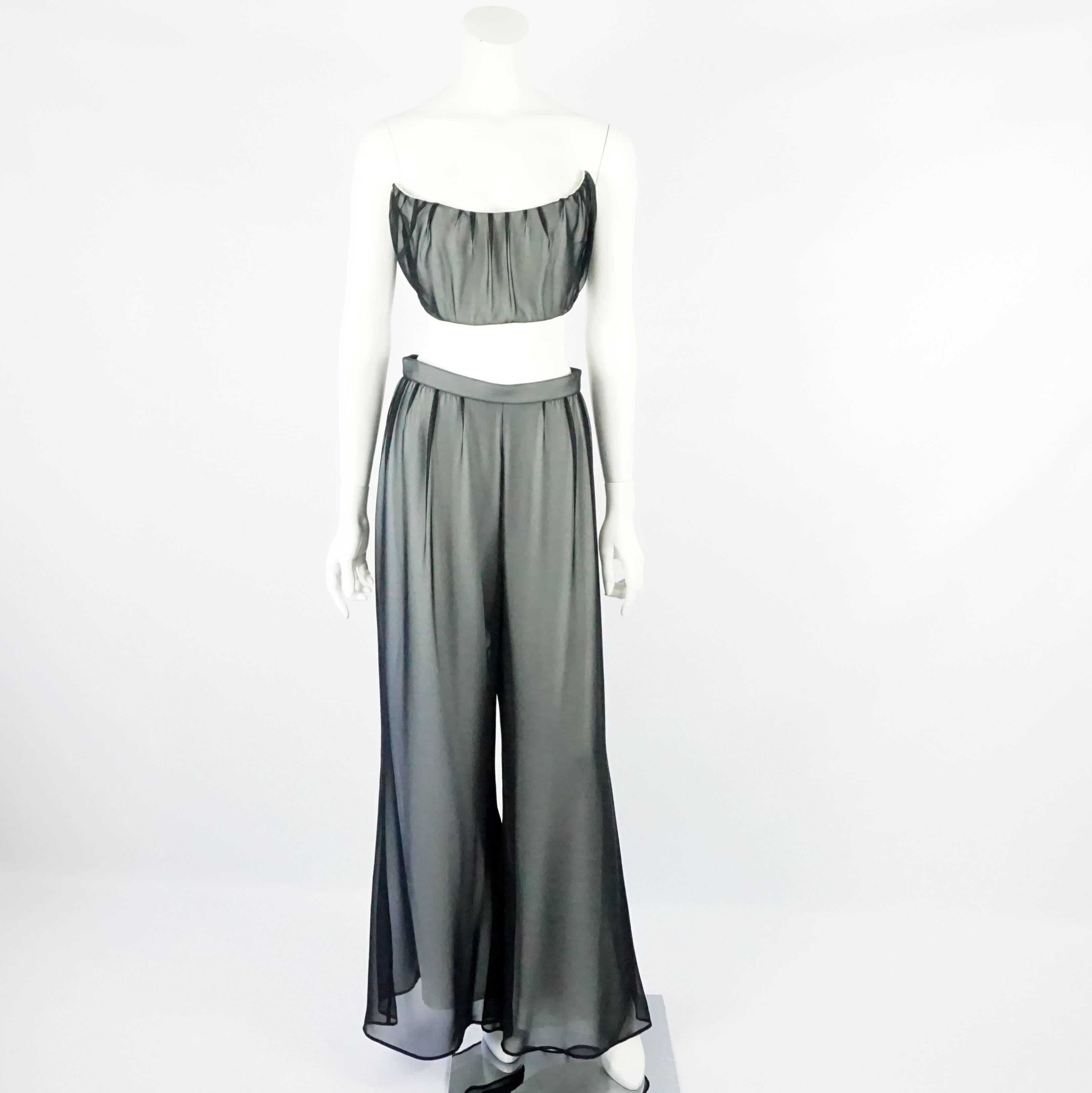 Thierry Mugler Black and White Palazzo Pants, Cropped Bustier, and Belt Set -  4. Circa 80's. This silk and silk chiffon set is 3 pieces. The pants are double layered. The bottom layer is white silk and there is a black silk chiffon overlay. The