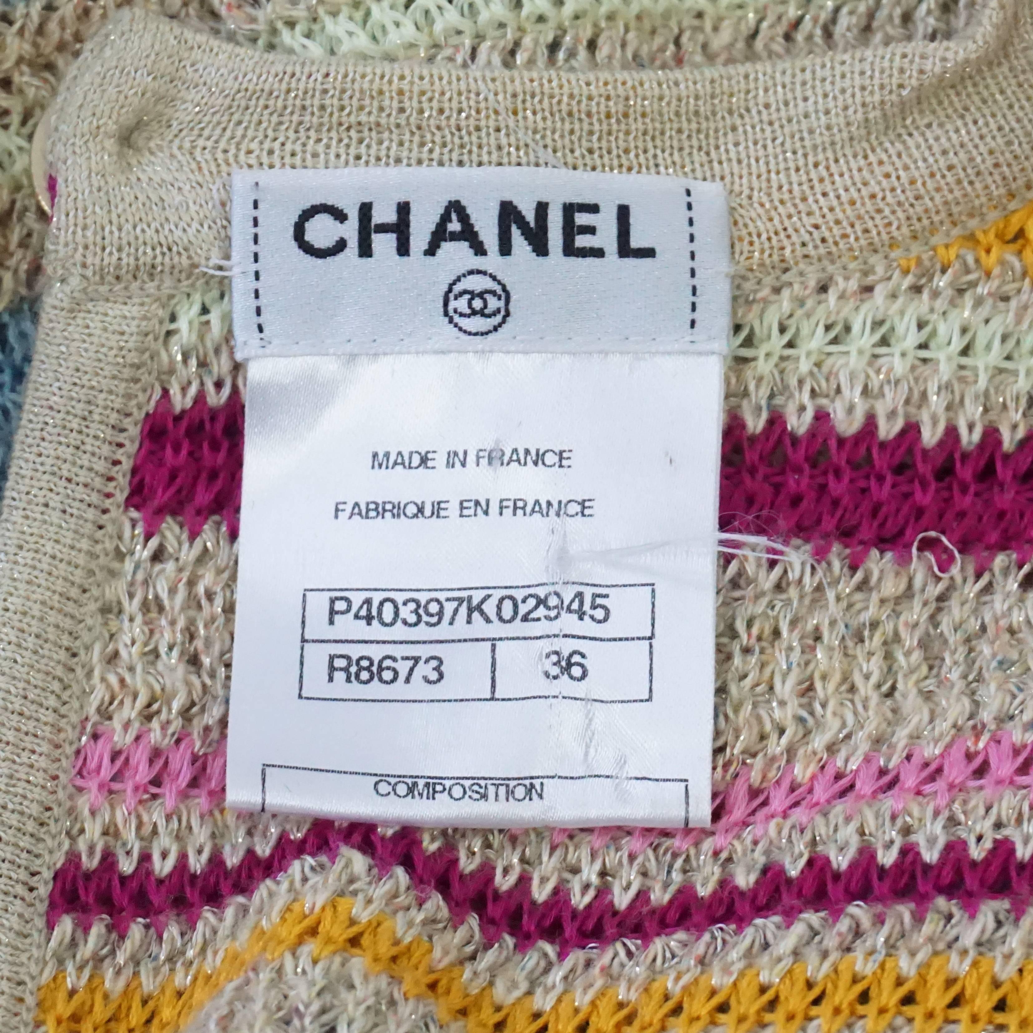 Chanel Tan and Multi-Colored Cotton Knit Striped Dress & Cardigan - 36 In Excellent Condition In West Palm Beach, FL