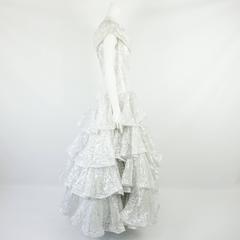 Scaasi 1990’s White and Silver Silk Lace One-Shoulder Ruffled Ball Gown-Size 10