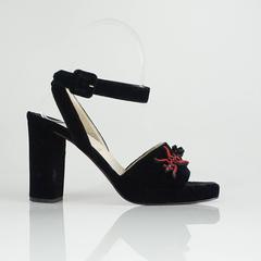 Christian Louboutin Black Velvet Ankle Strap Sandal with Chunky Heel-37