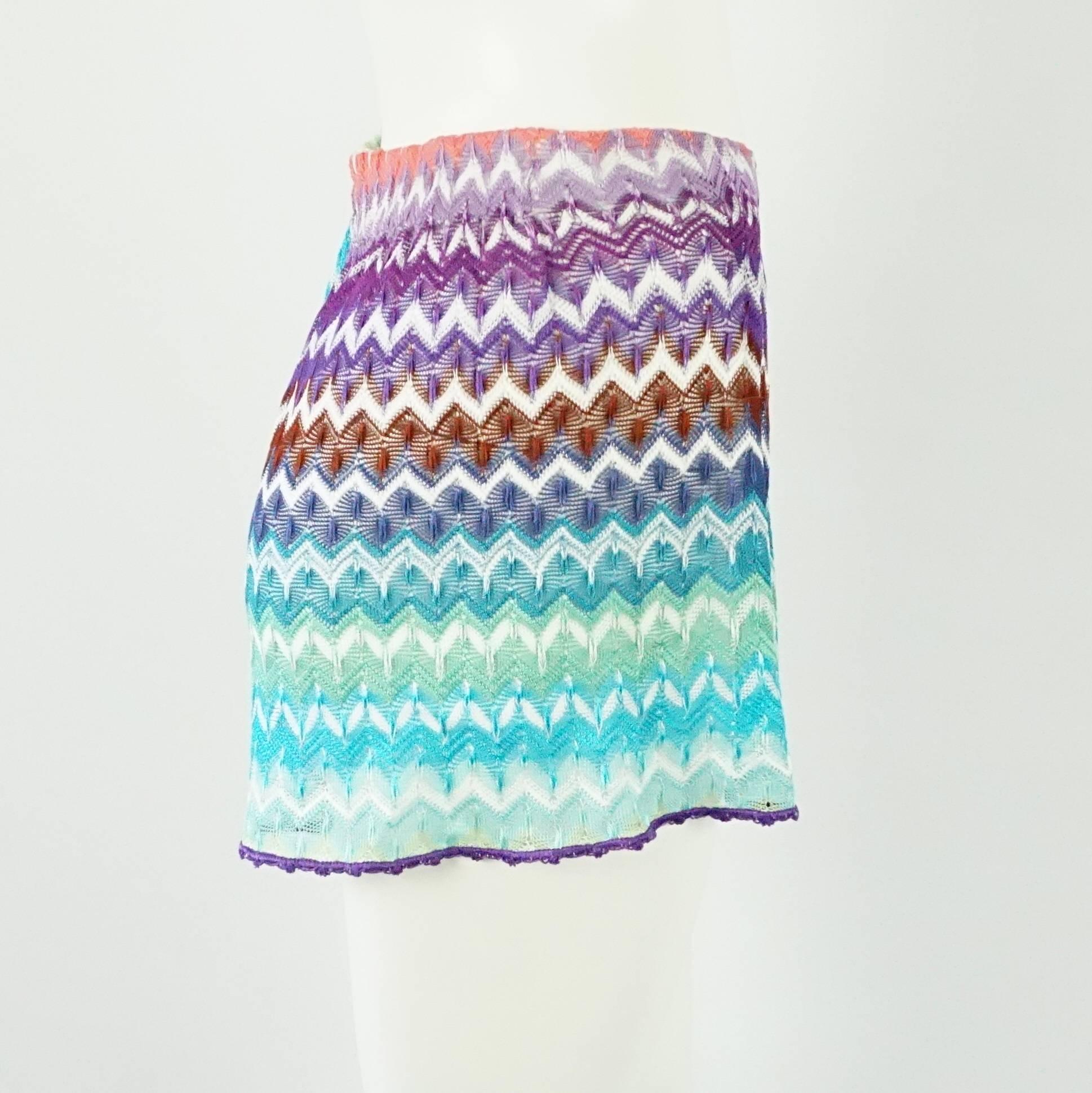 Missoni Mare Multi Color Knit Shorts-40 These sheer shorts are made of a silk knit in purple, green, blue and orange with a chevron style pattern. They are in excellent condition.
