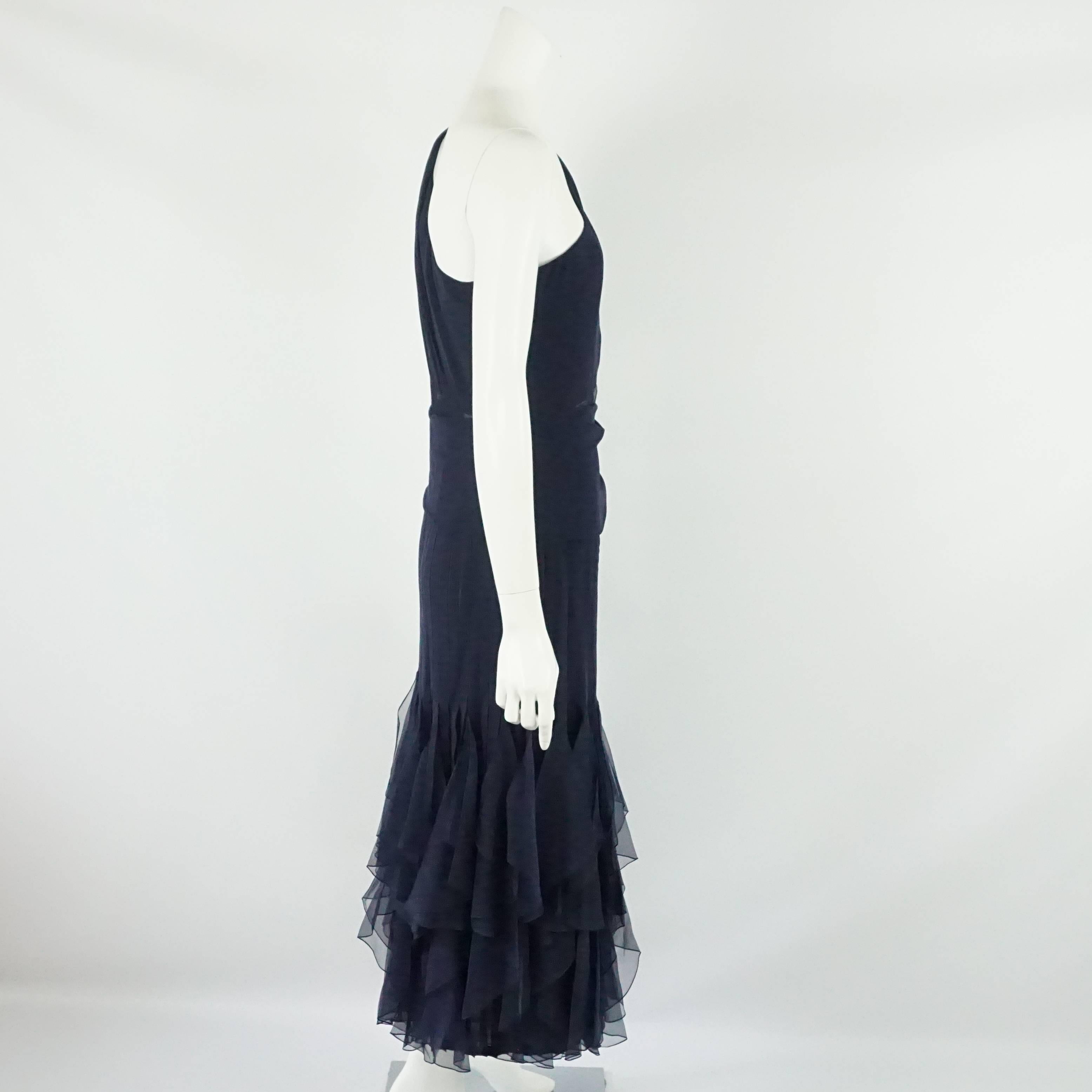 Valentino Boutique Navy Silk Chiffon One Shoulder Gown - 12 - 90's This gown has a mid section that is sheer and the bottom has teardrop silk chiffon vertical ruffles. This is a timeless piece and is in excellent vintage