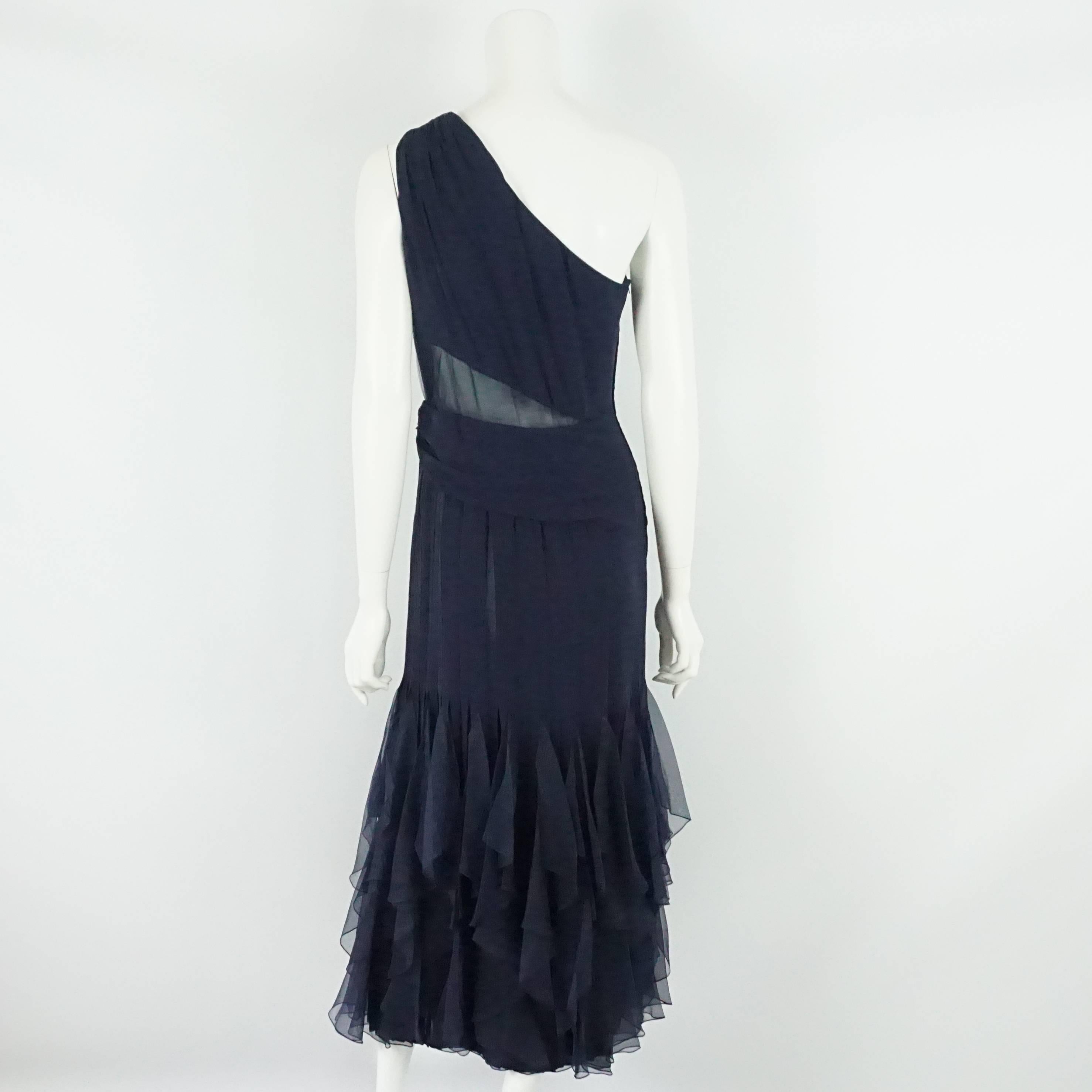 Black Valentino Boutique Navy Silk Chiffon One Shoulder Gown, 1990s 