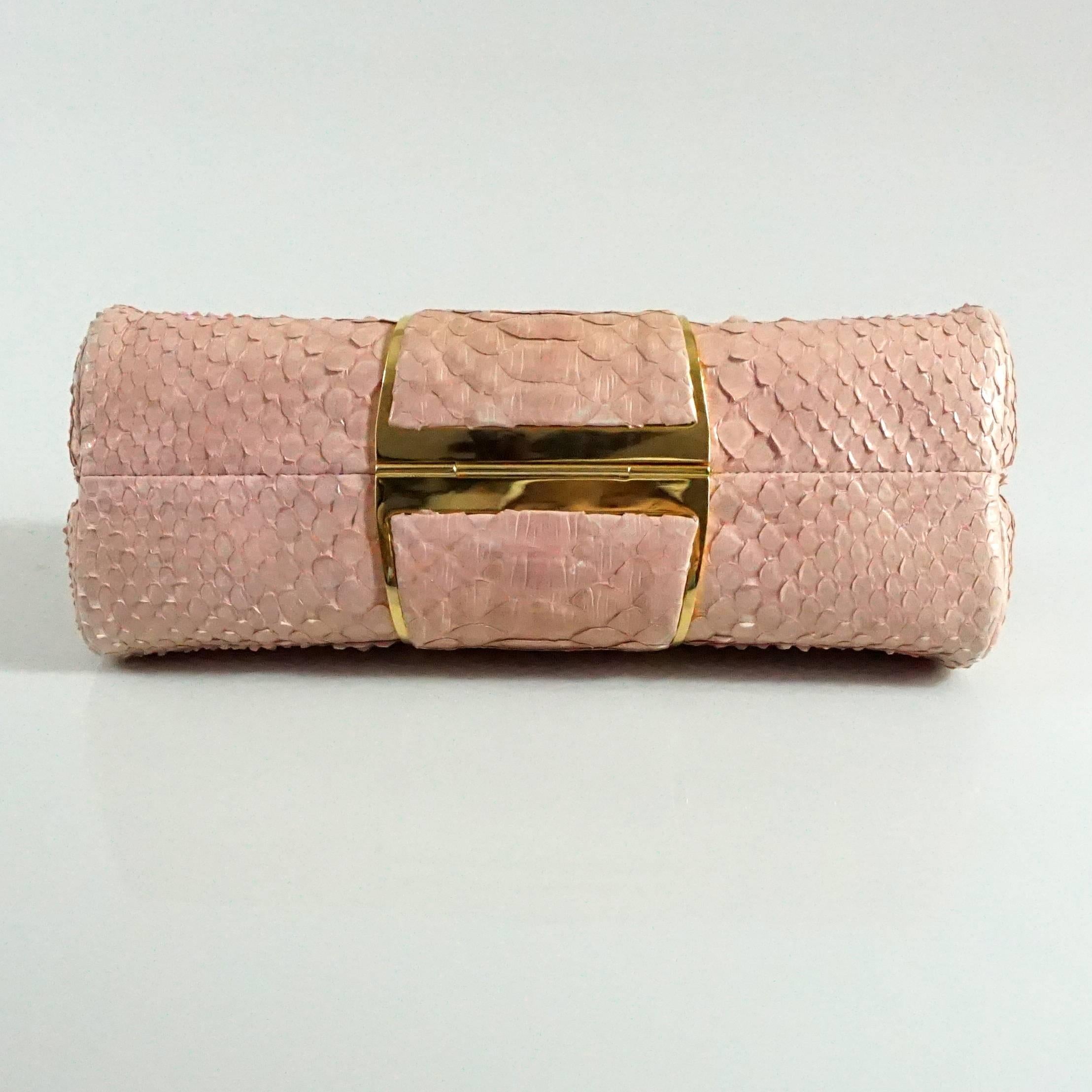 Beige Judith Leiber Pink Snakeskin Handbag-GHW