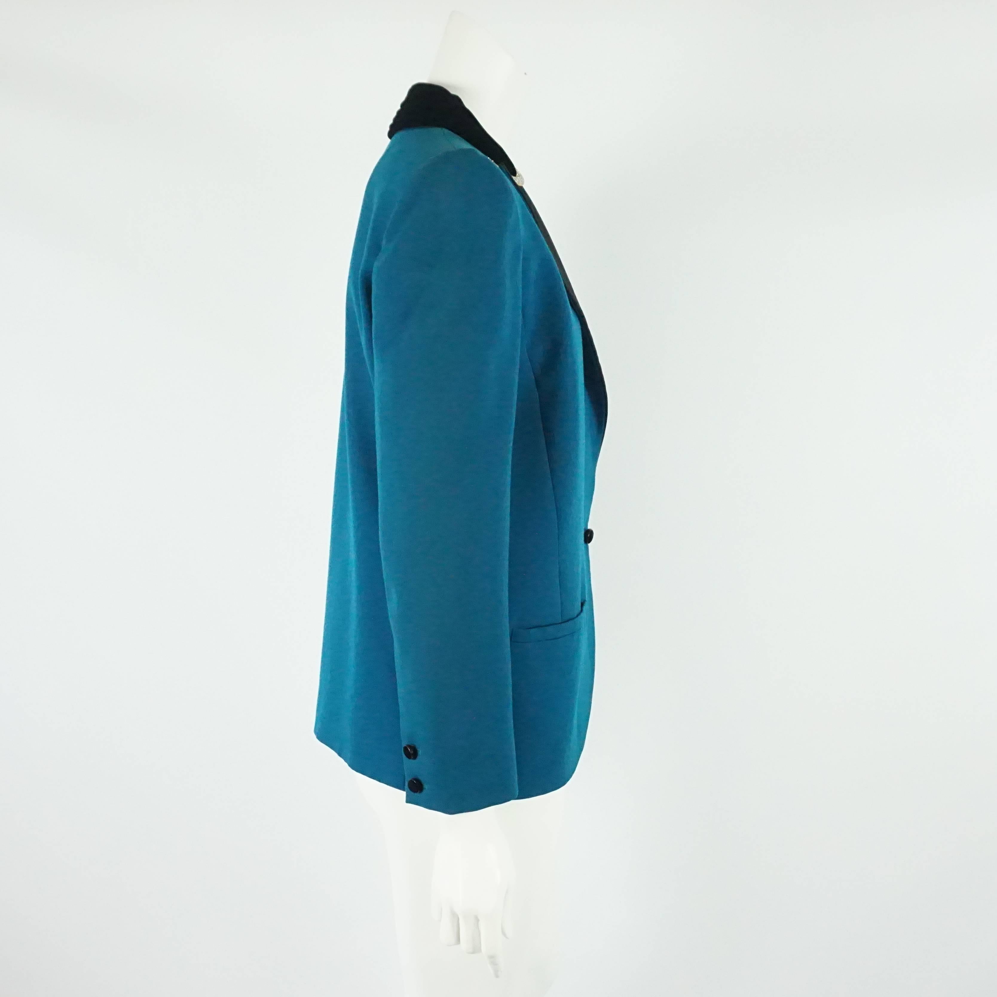 Valentino Boutique Turquoise lightweight wool tuxedo style jacket-8-Circa 80's  This very unique vintage Valentino jacket has a beautiful turquoise color, with a black silk faille and velvet lapel and collar with gold/silver and rhinestone ornament
