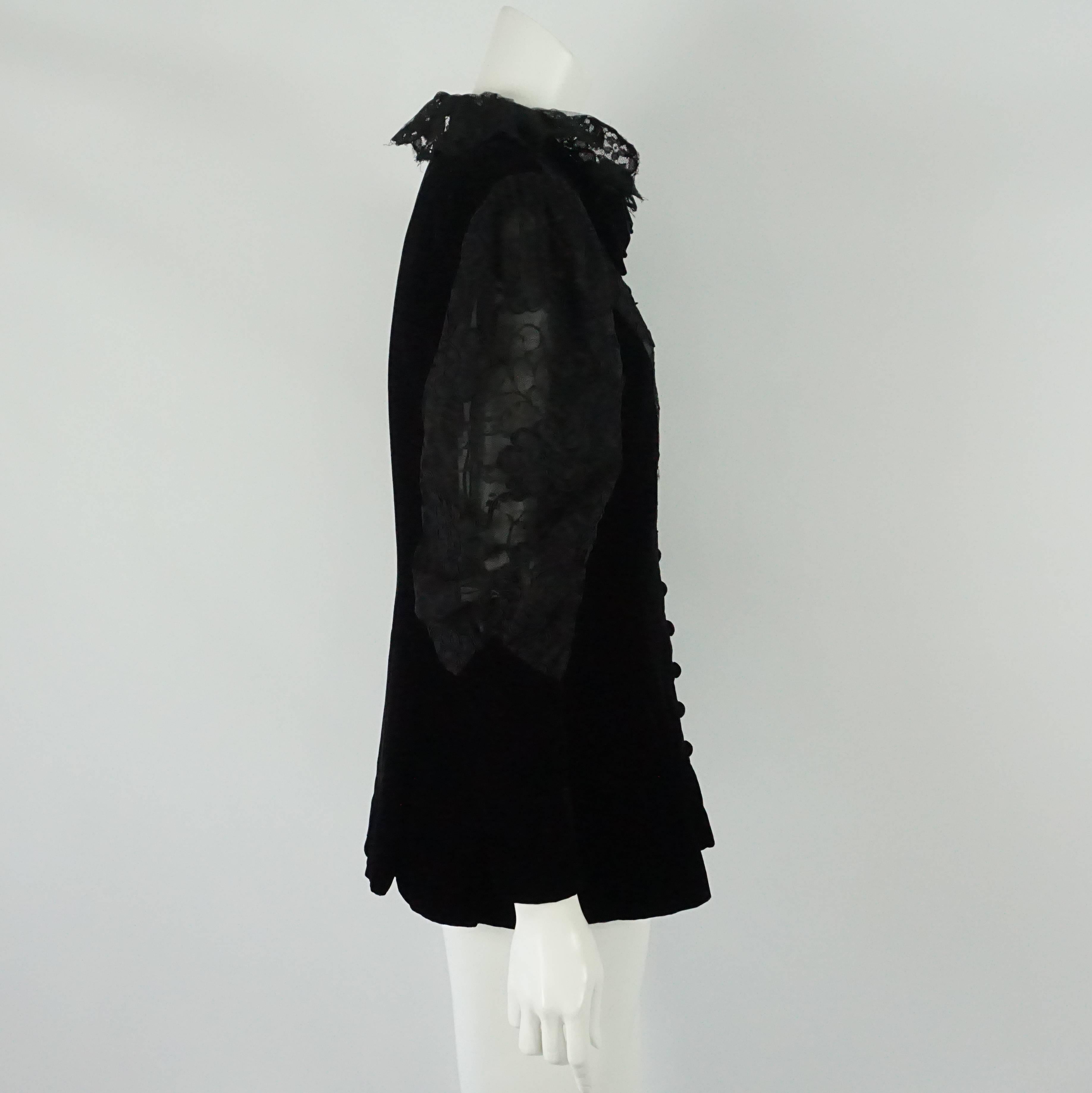 Jean-Louis Scherrer Black Velvet and Lace Victorian Style Jacket-8-70's This elegant and in style victorian velvet and lace long jacket with a flare in the hip area has a lace collar with a velvet bow, the front of the jacket has a lace section that