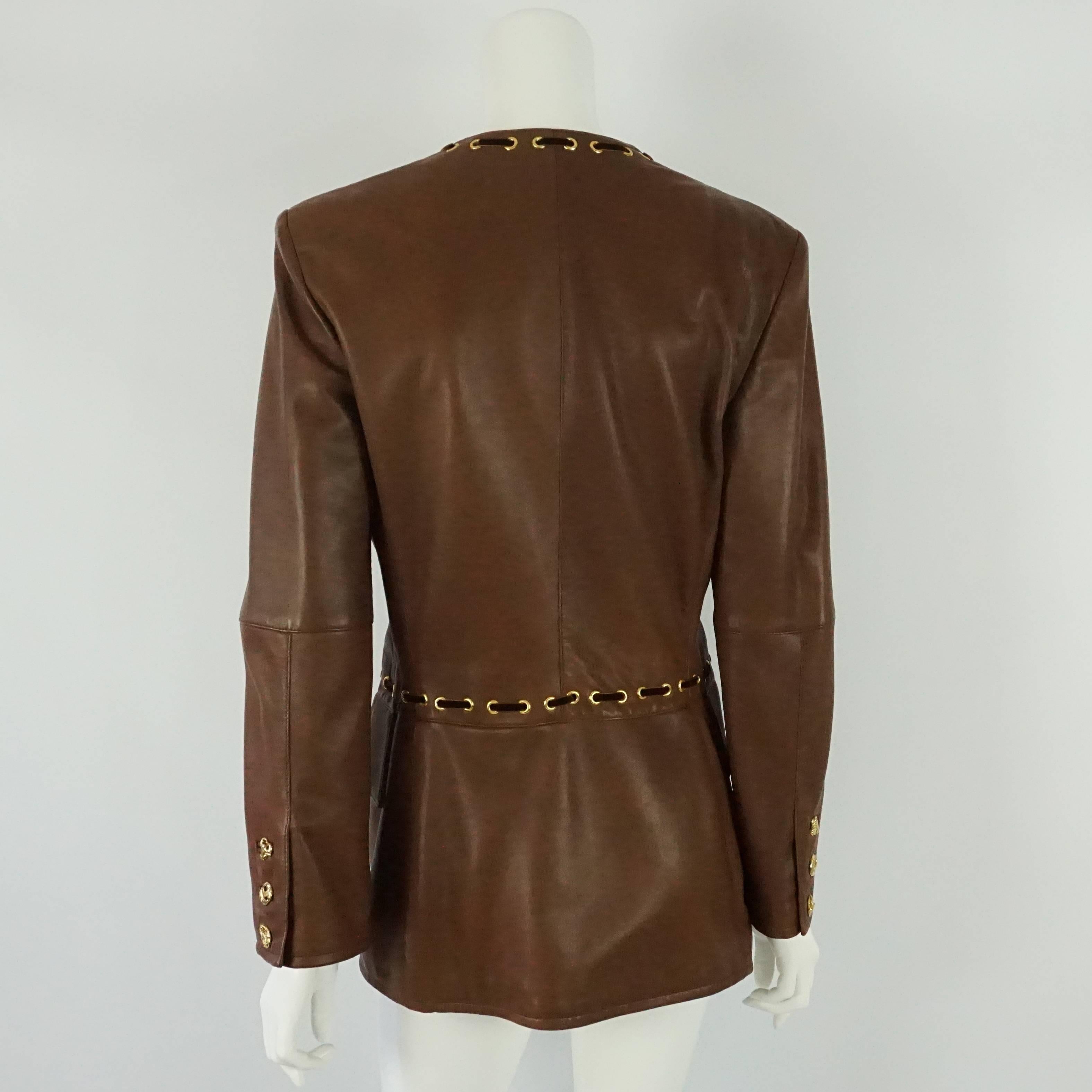 Valentino Boutique Brown Leather Jacket w/ Gold Grommet & Velvet lacing-S-90's In Excellent Condition In West Palm Beach, FL