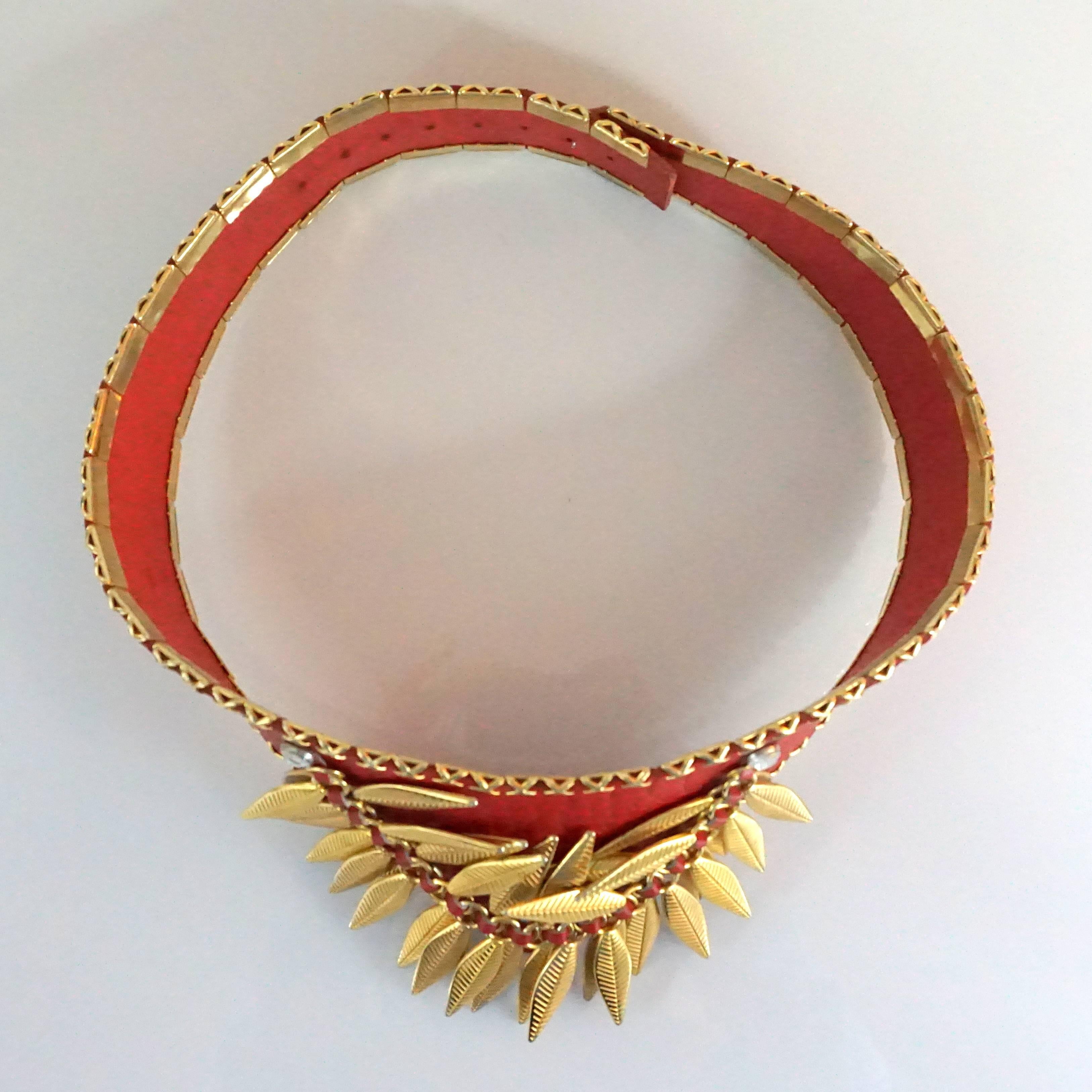 Brown Jose Cotel Red Croc Embossed Belt with Gold Chain and Leaves - 1980's