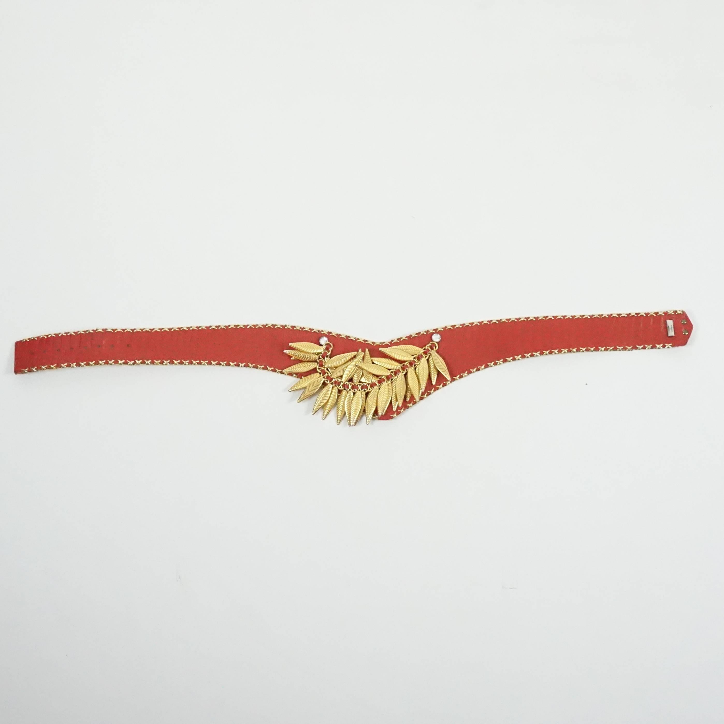 Jose Cotel Red Croc Embossed Belt with Gold Chain and Leaves - 1980's In Good Condition In West Palm Beach, FL