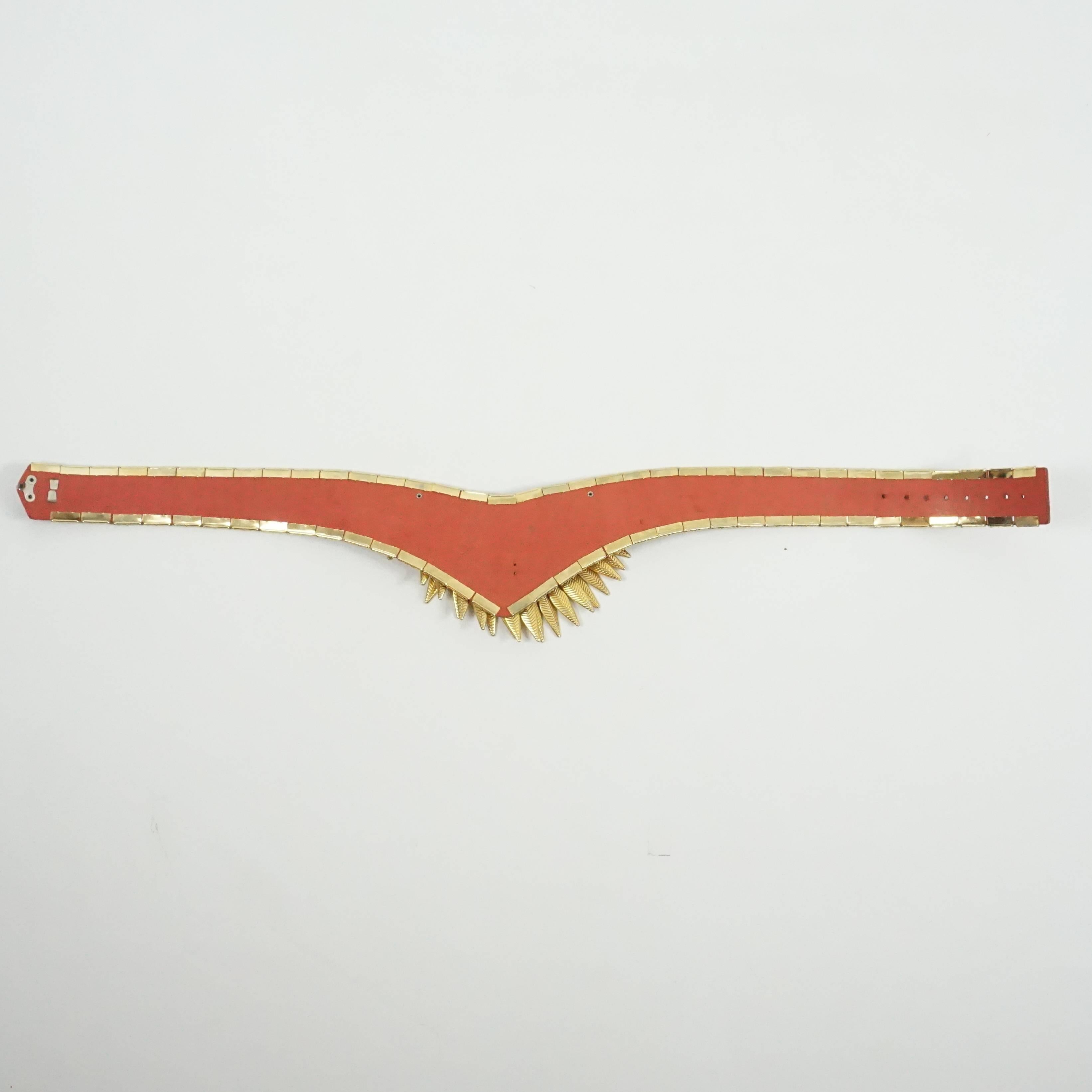 Women's or Men's Jose Cotel Red Croc Embossed Belt with Gold Chain and Leaves - 1980's