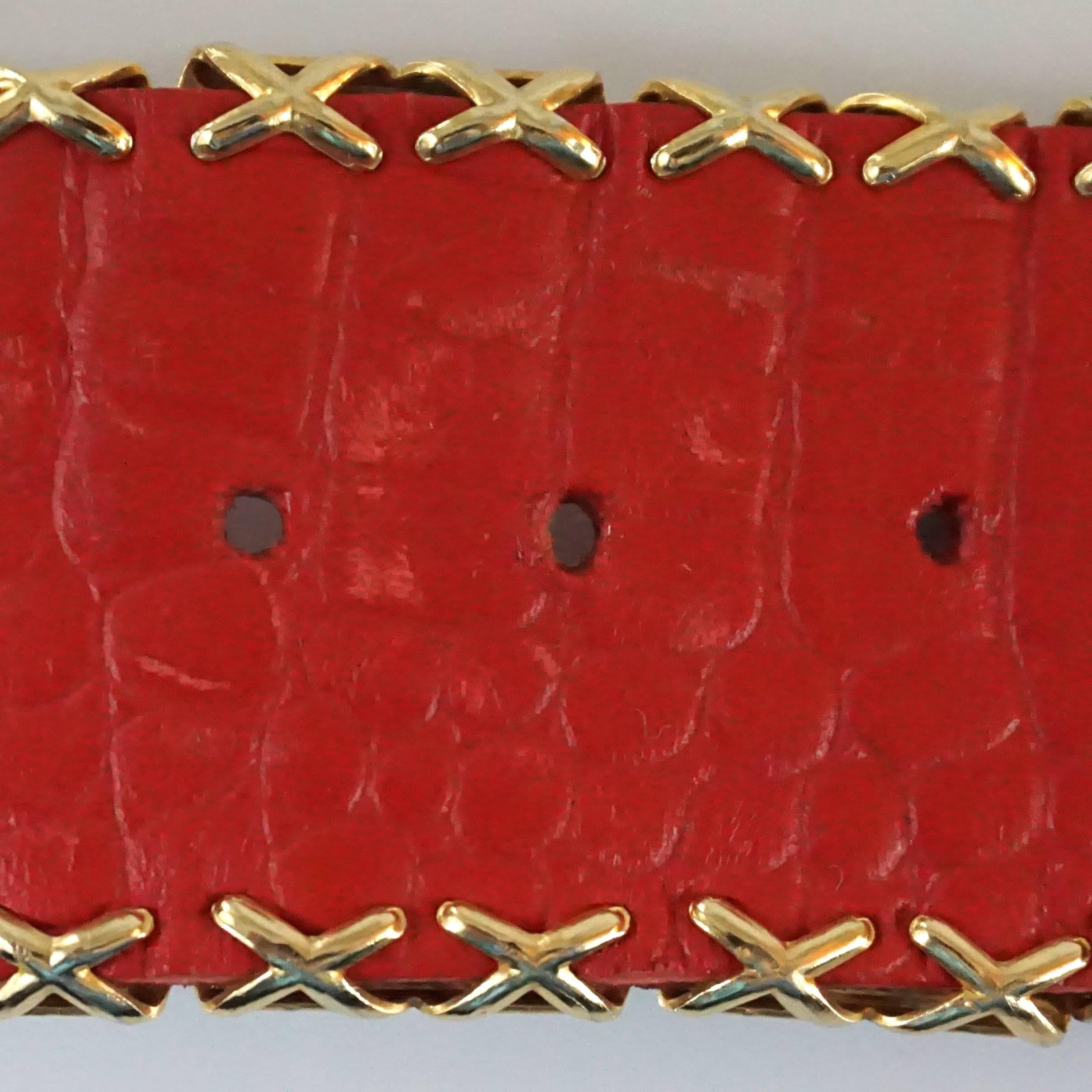 Jose Cotel Red Croc Embossed Belt with Gold Chain and Leaves - 1980's 2