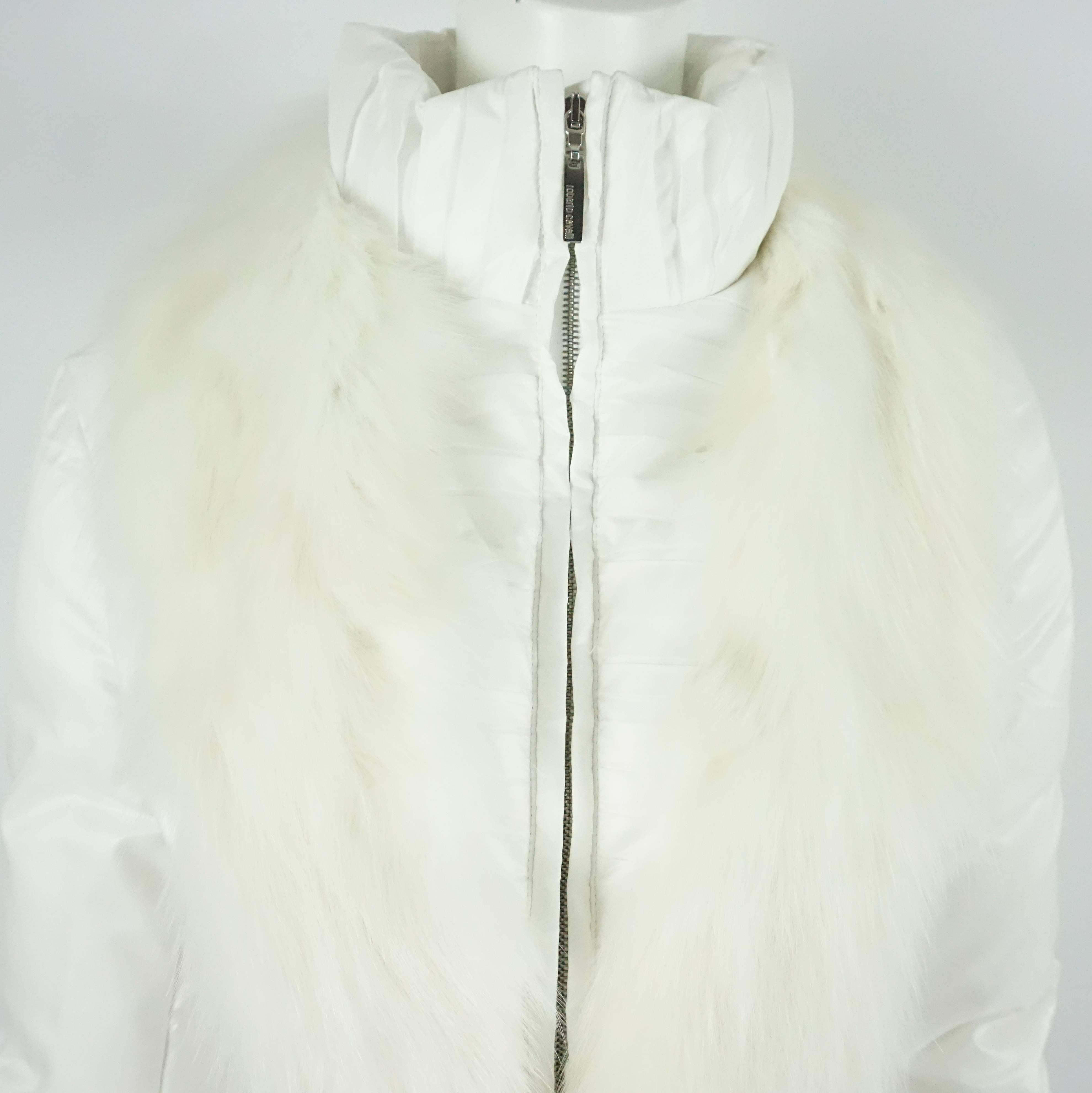 Gray Roberto Cavalli White Puffer Jacket with Fox Fur Trim - 44