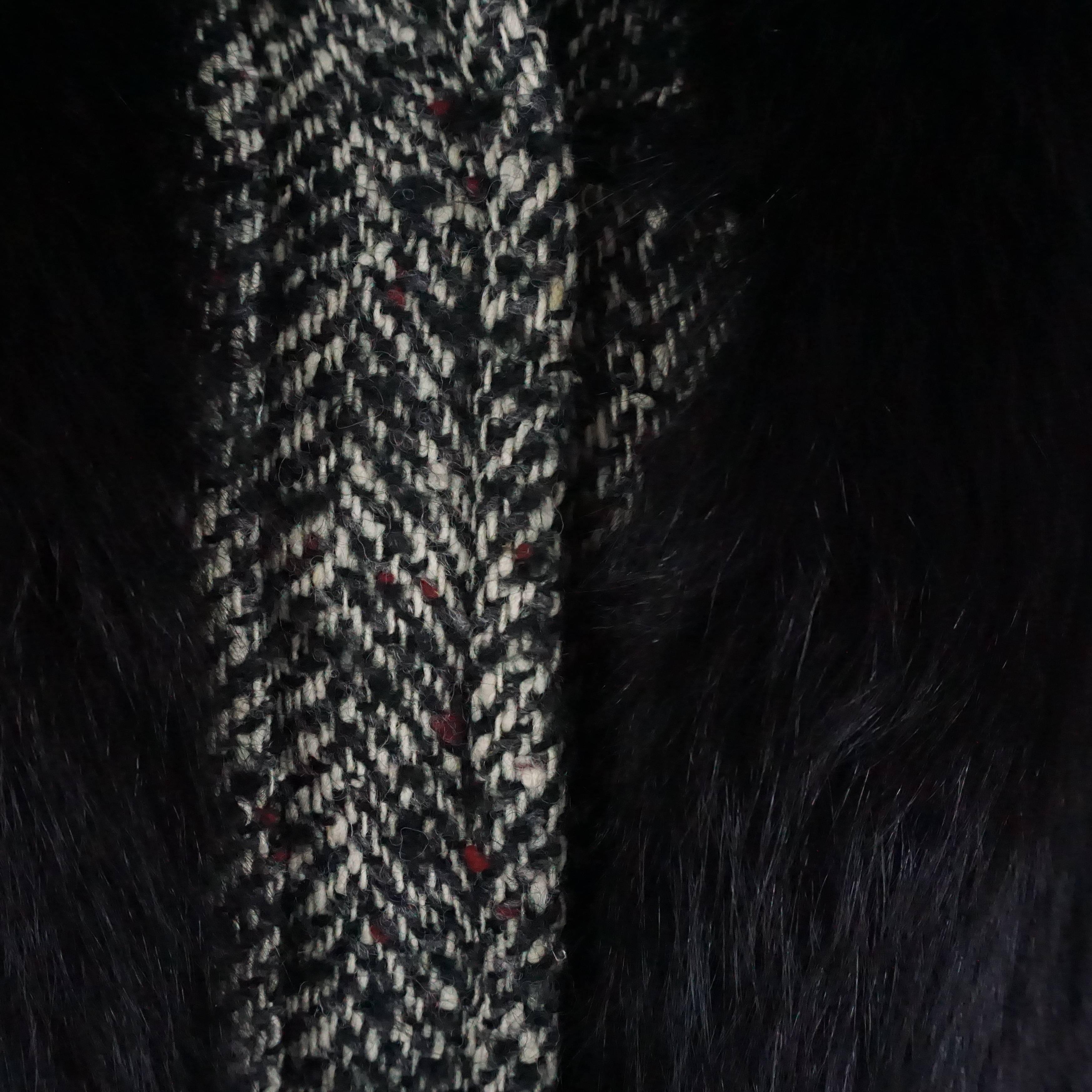 Women's Bob Mackie Grey & White Herringbone Wool Tweed Cape w/ Black Fox Trim-10
