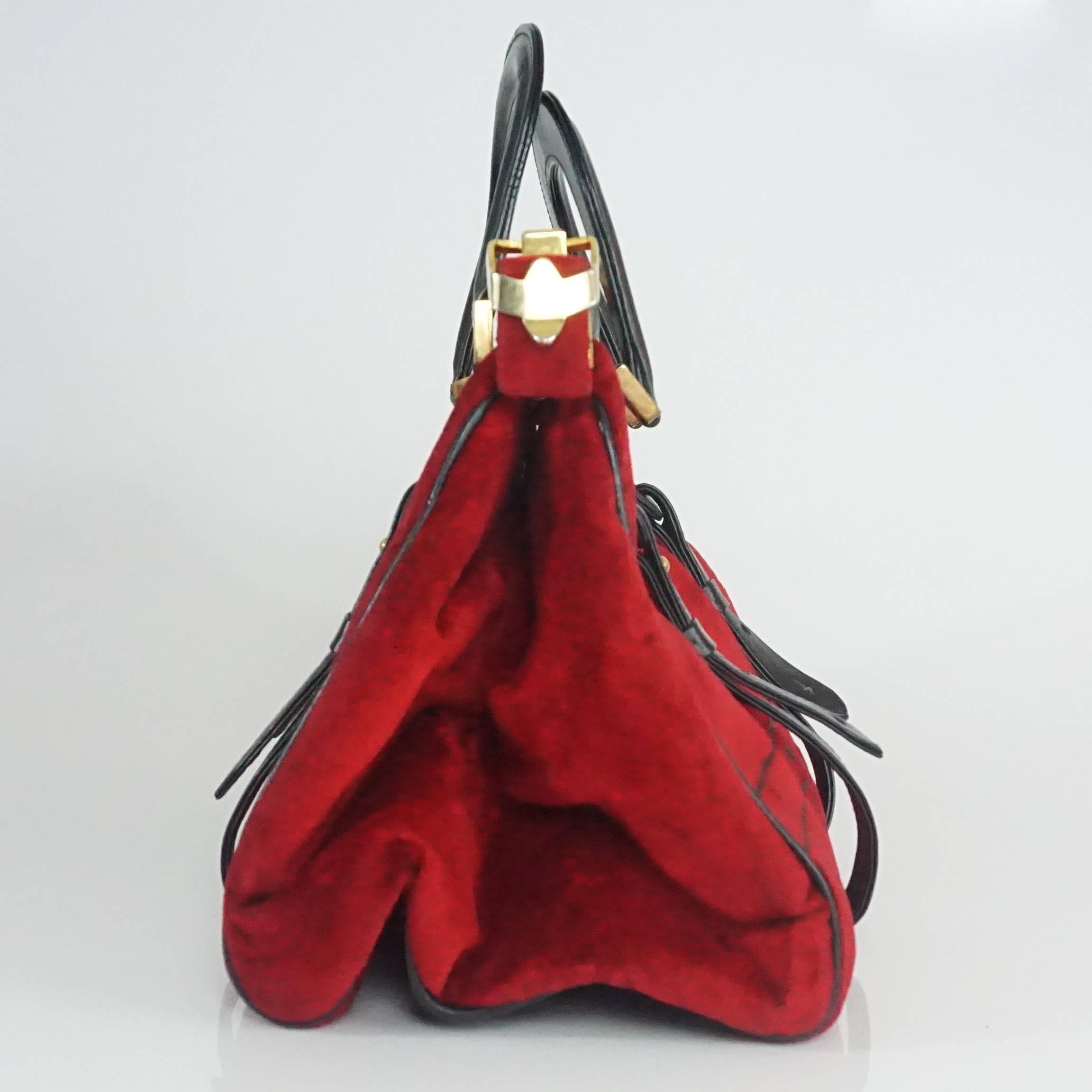 Cesare Piccini Vintage Red Velvet Handbag with Black Leather Trim - 1960's. This vintage structured 