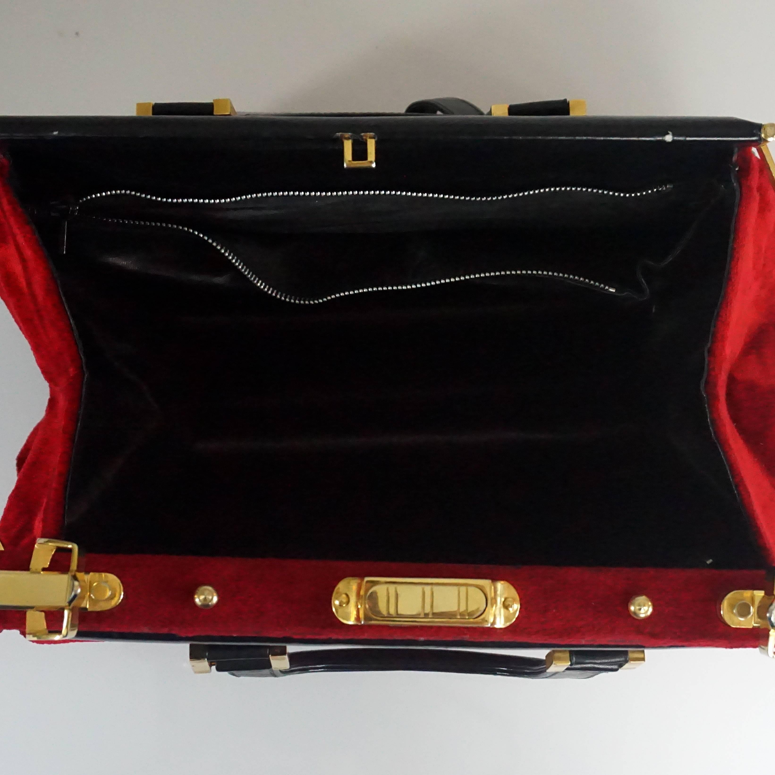 Women's Cesare Piccini Vintage Red Velvet Handbag with Black Leather Trim - 1960's 