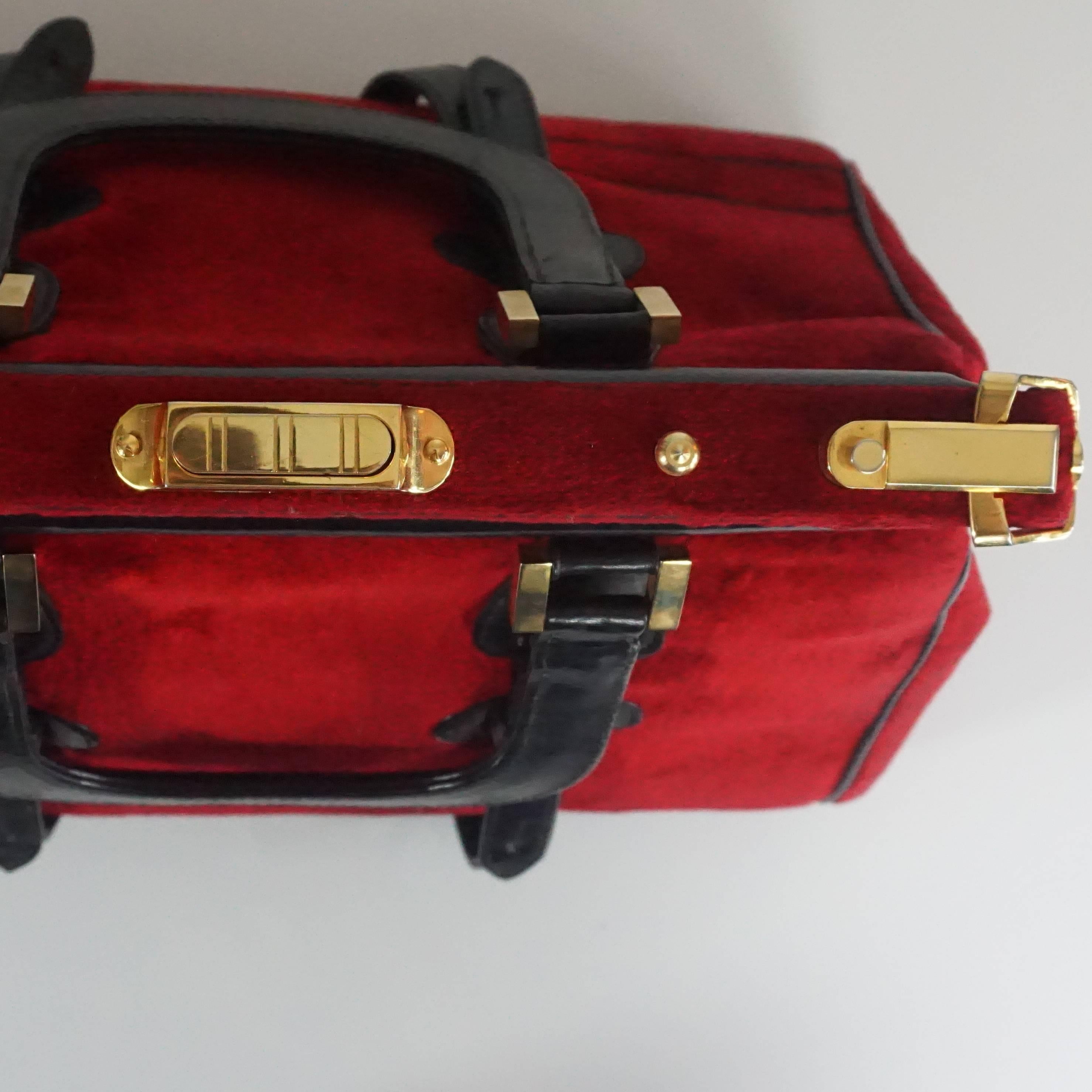 Cesare Piccini Vintage Red Velvet Handbag with Black Leather Trim - 1960's  1