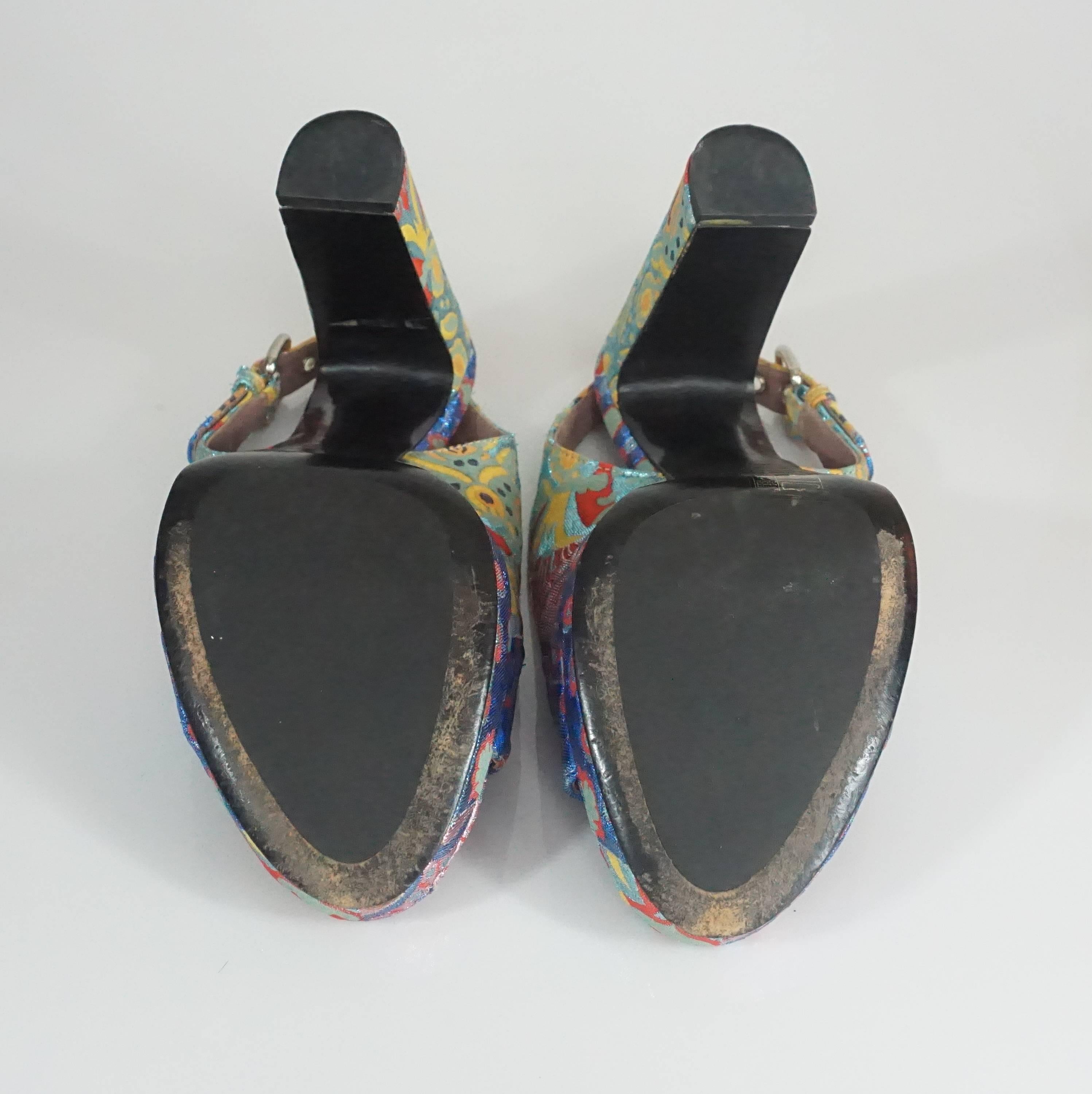 Miu Miu Multi Colored Patterned Brocade Open Toe Slingback - 40.5 - SHW In Excellent Condition For Sale In West Palm Beach, FL