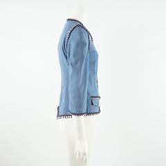 Chanel Light Blue Cotton Jacket w/ Red/White/Blue Silk Braided Ribbon Trim-36