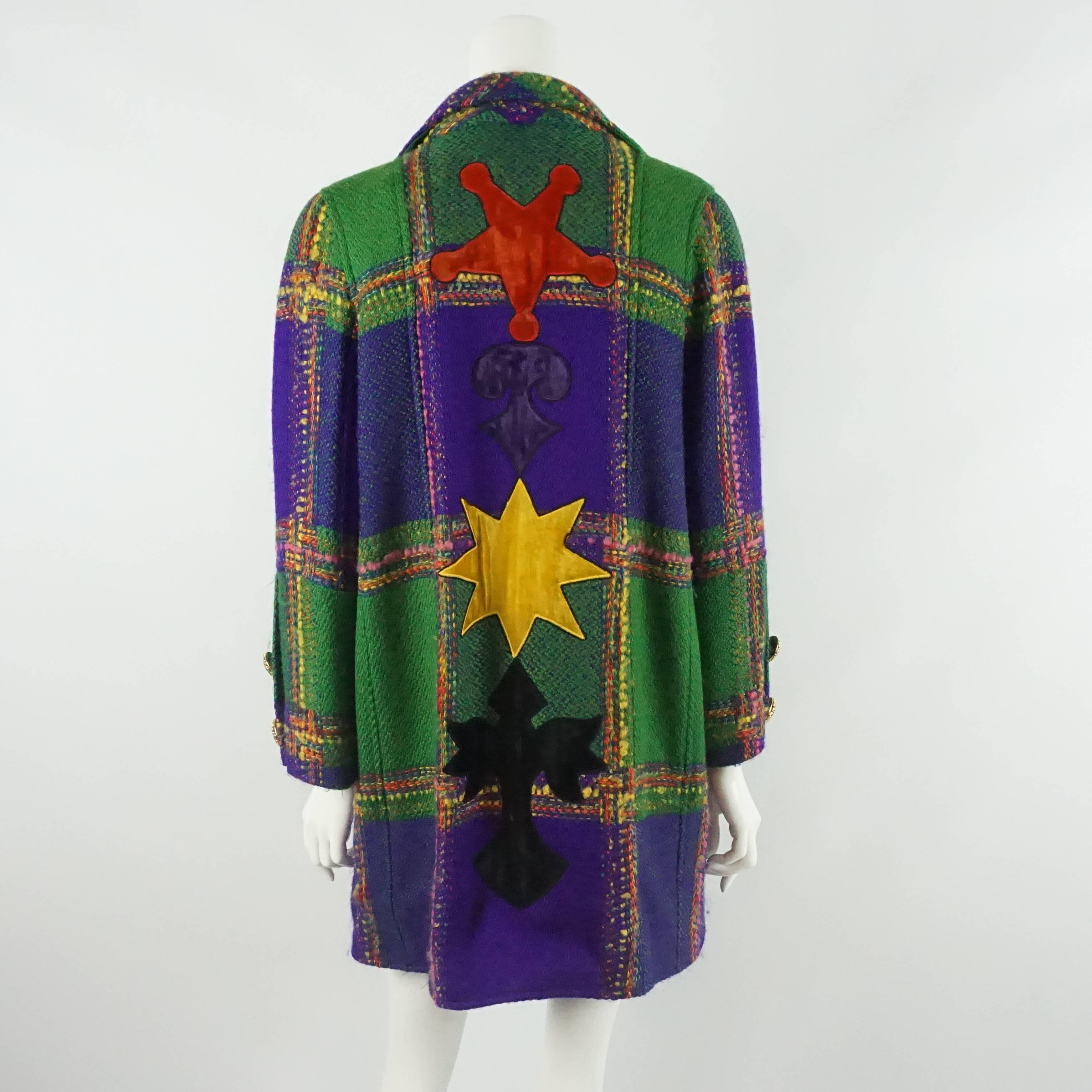 Black Christian Lacroix Green & Purple Color Block Wool Tweed Vintage 3/4 Coat - 38