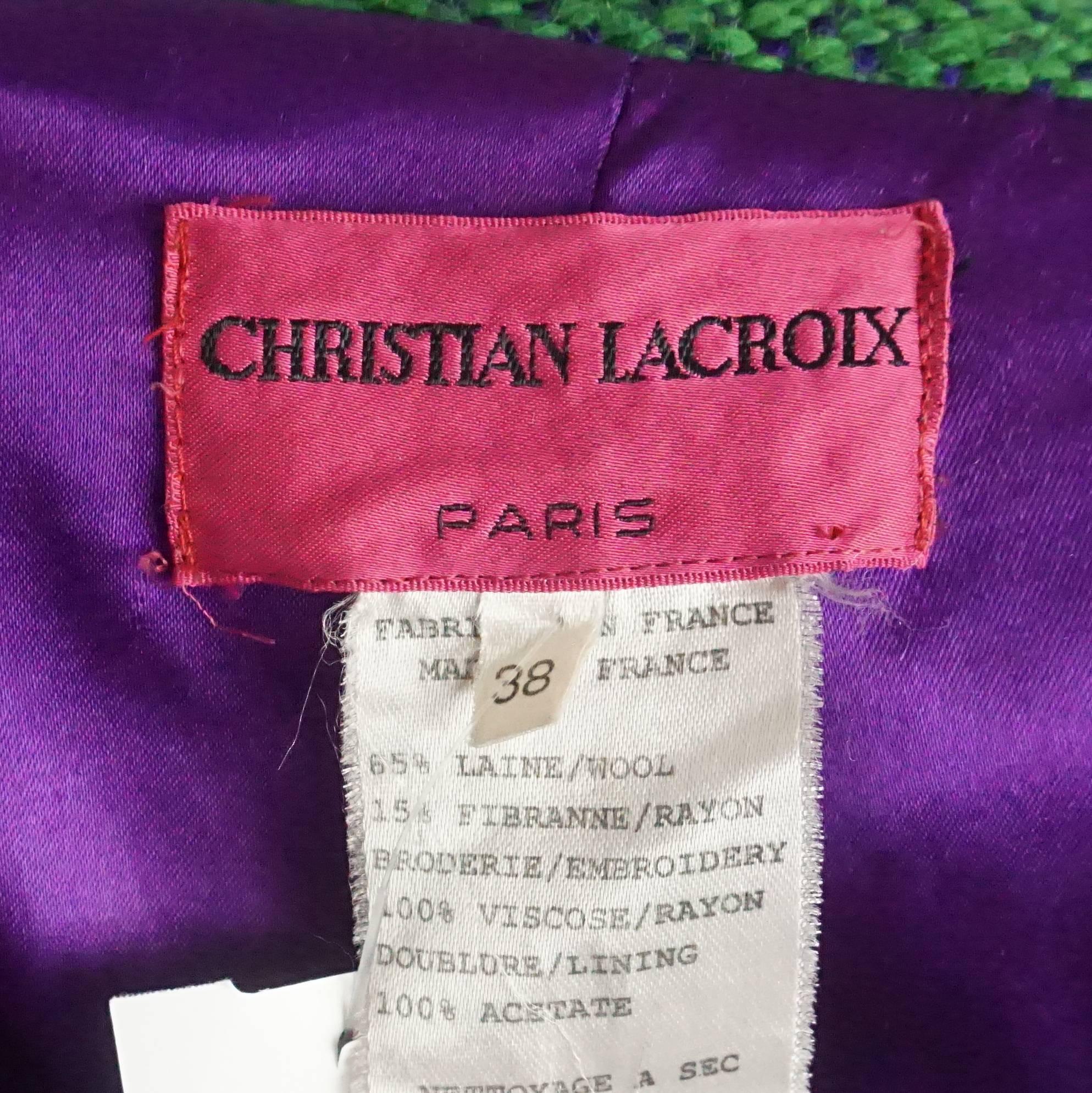 Women's Christian Lacroix Green & Purple Color Block Wool Tweed Vintage 3/4 Coat - 38
