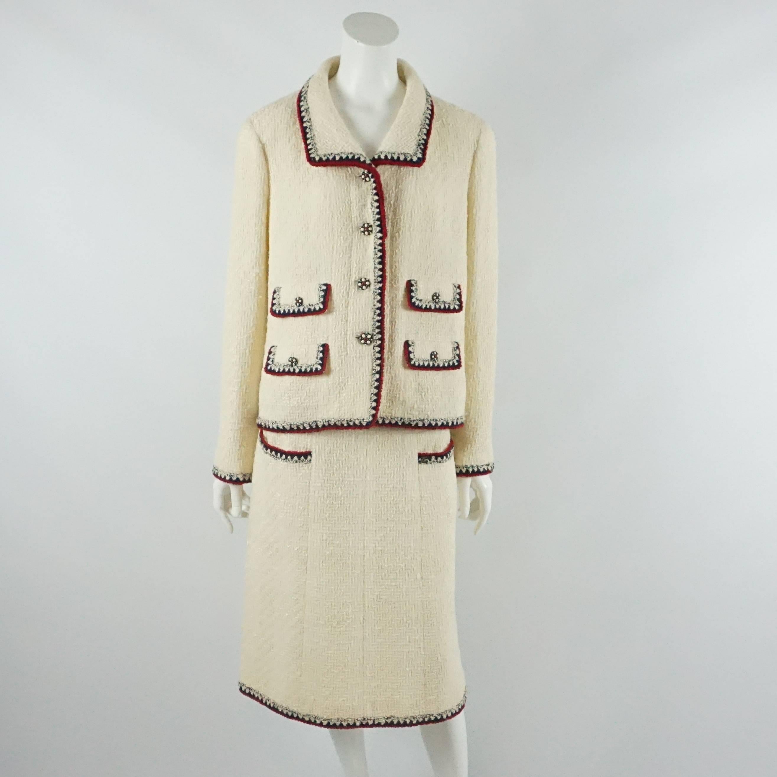 Chanel Ivory Wool Skirt Suit with Red and Navy Crochet Trim - 44-NWT In New Condition In West Palm Beach, FL
