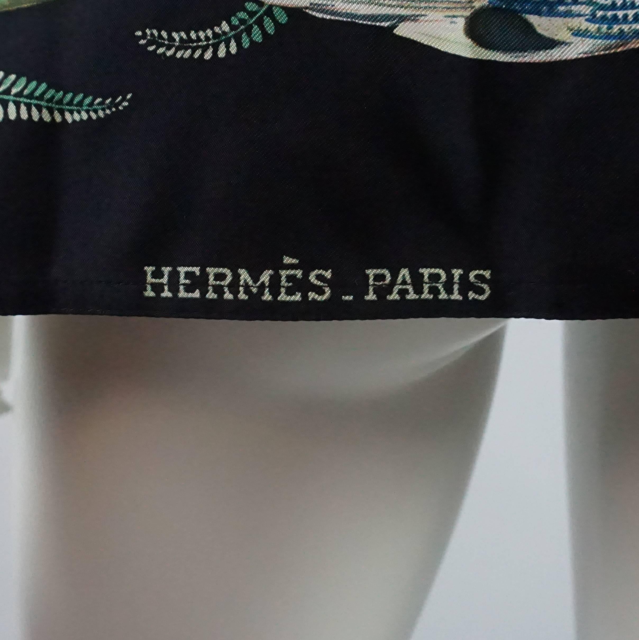 Women's Hermes Vintage Black and Multi Color Animal Theme Printed Silk Shirt - 40