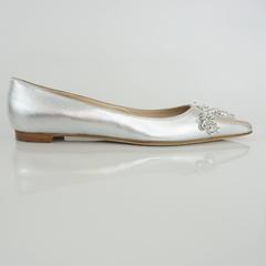 Manolo Blahnik Silver Leather Flats with Rhinestone and Pearl Detail - 40