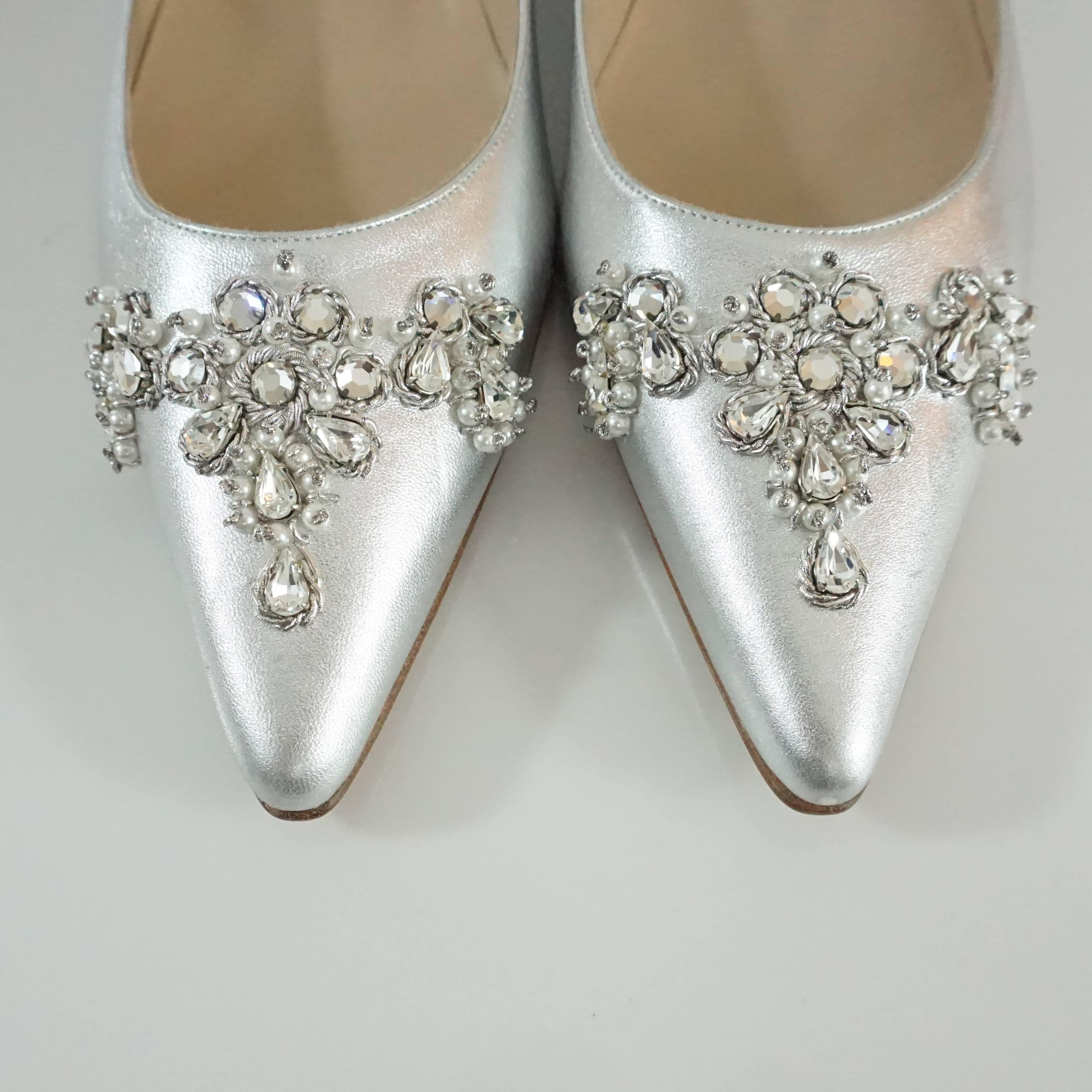 Manolo Blahnik Silver Leather Flats with Rhinestone and Pearl Detail - 40 1