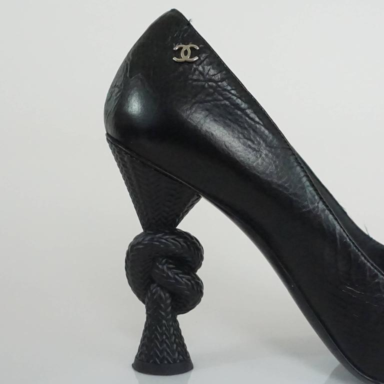 Chanel Black Leather and Patent Pump w/ Rope Knot Heel - 40.5 at 1stDibs