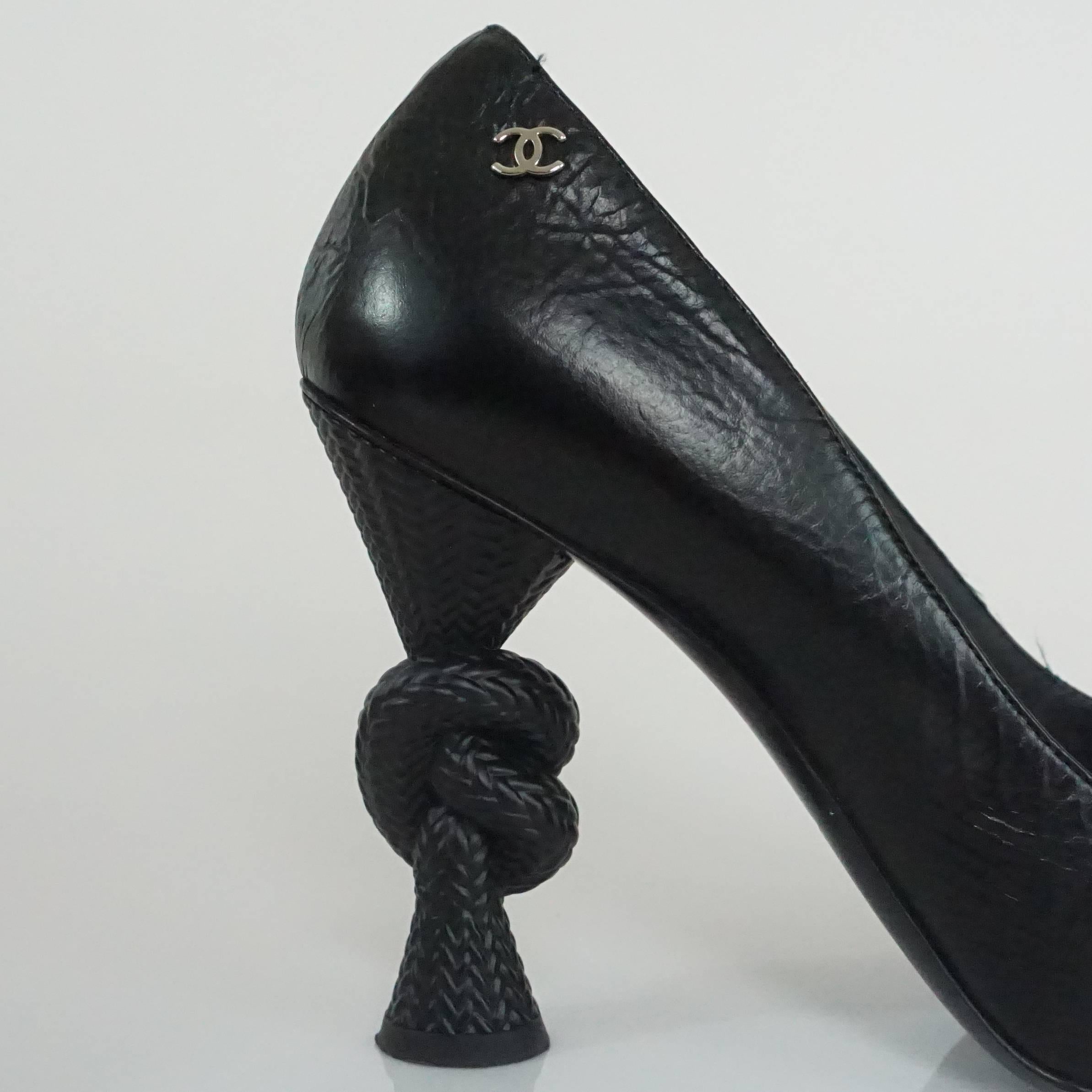 Chanel Black Leather and Patent Pump w/ Rope Knot Heel - 40.5 2