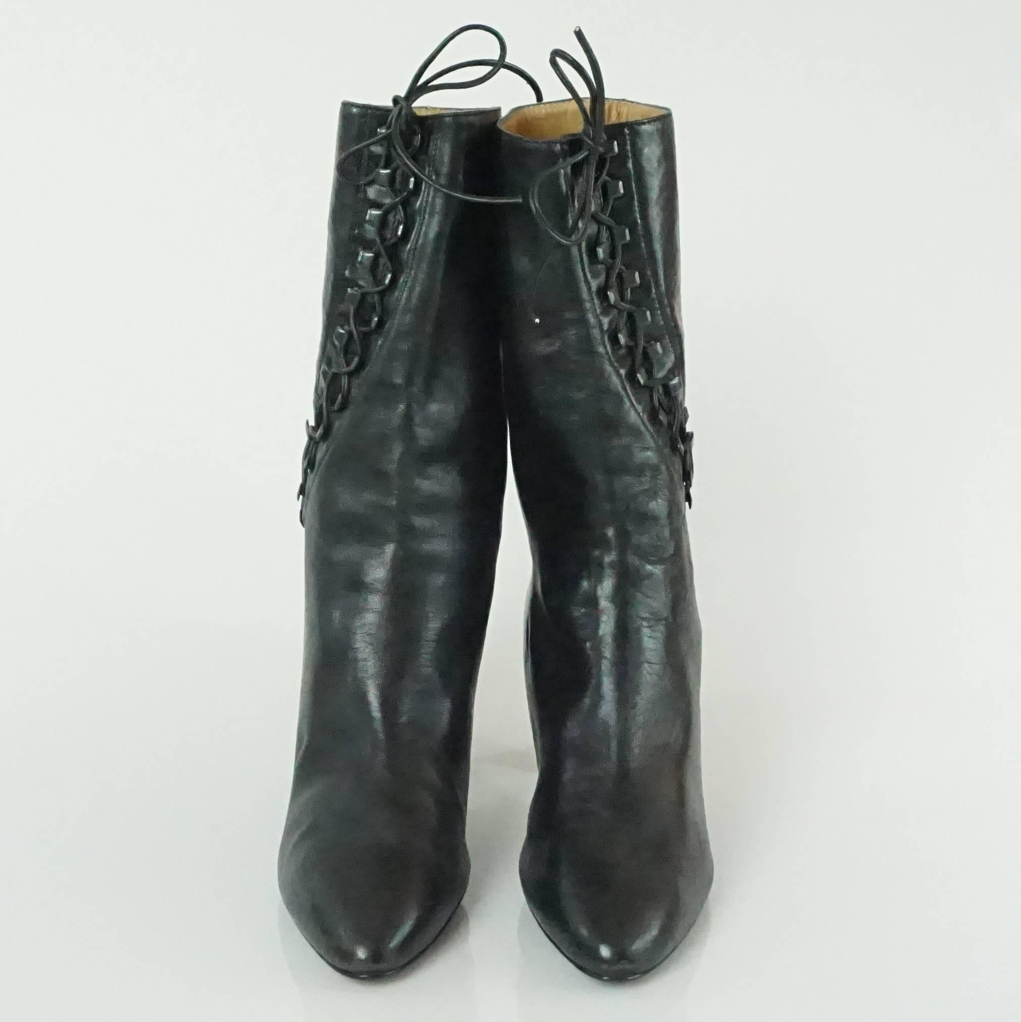 Azzedine Alaia Black Lambskin Boots with Lace-Up Sides - 37.5 - 1990's In Good Condition In West Palm Beach, FL