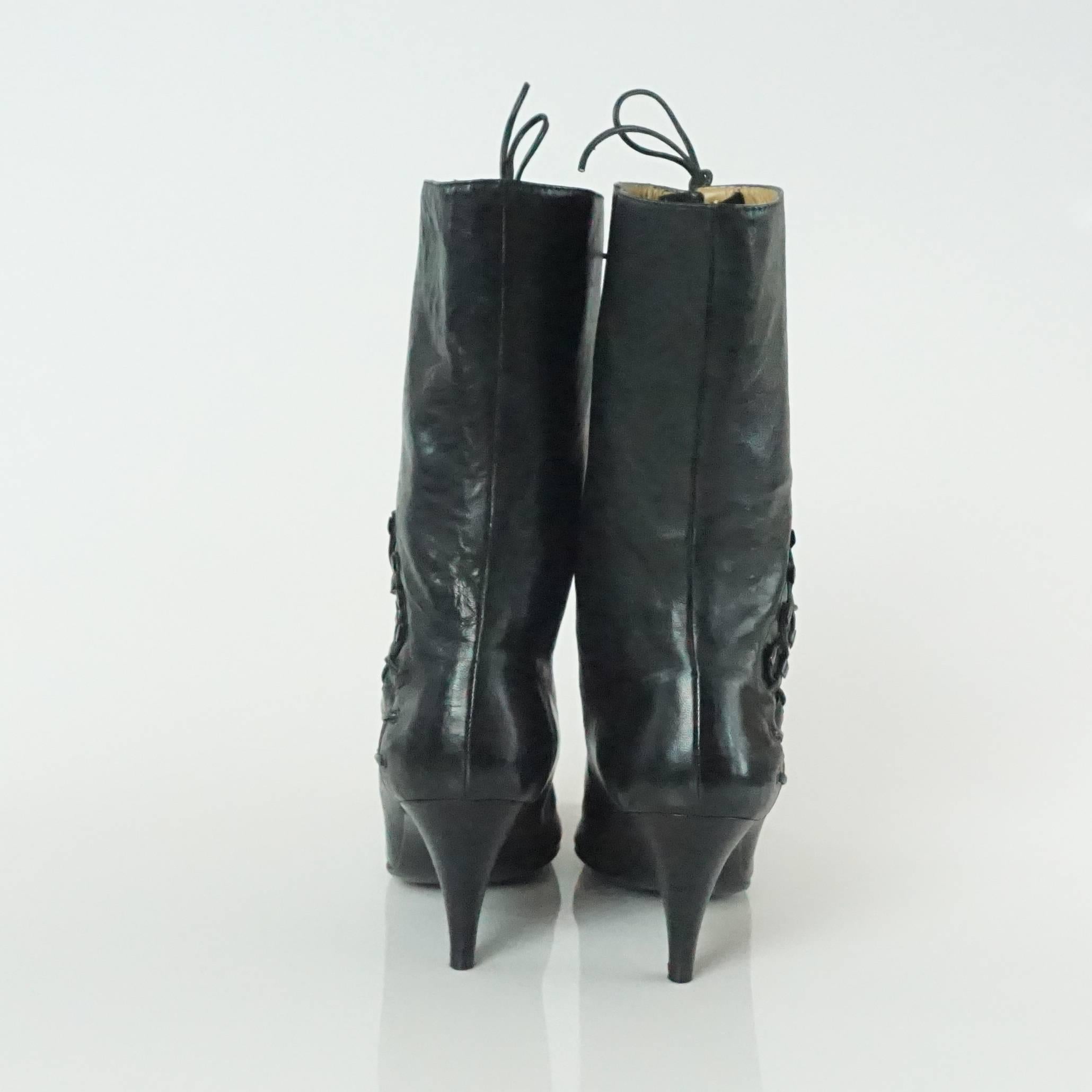 Women's Azzedine Alaia Black Lambskin Boots with Lace-Up Sides - 37.5 - 1990's
